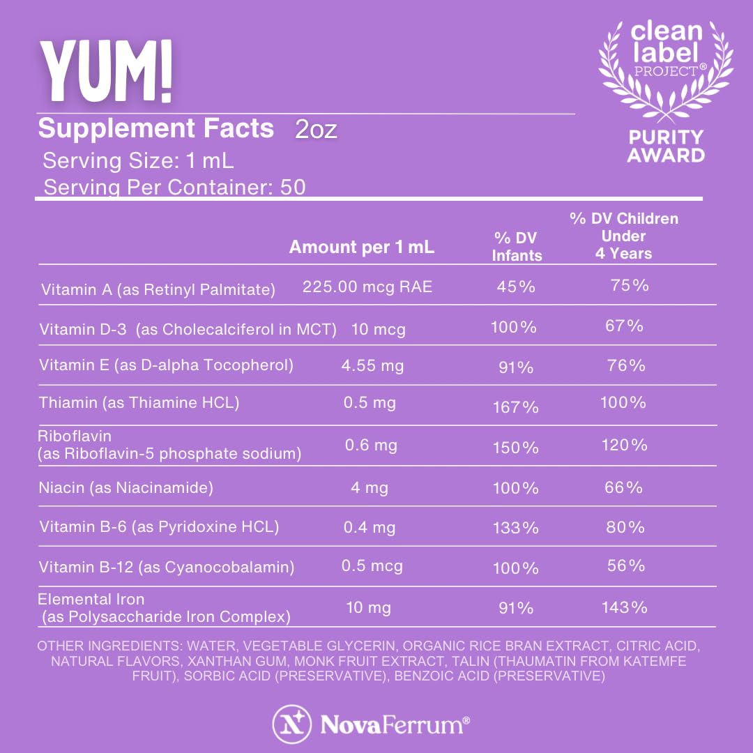 NovaFerrum Yum sabor frambuesa-uva, agradable para niños.