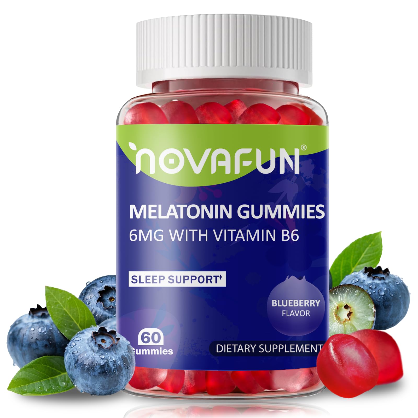 Novafun Melatonina Gomitas: botella visible para un sueño más cómodo.