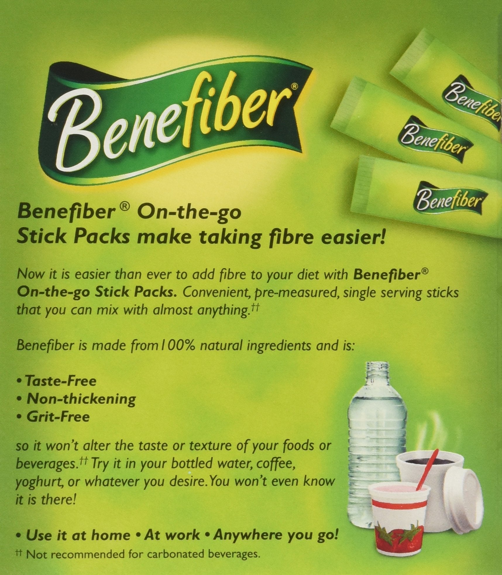 NOVARTIS Benefiber Palito Disolución en Agua: polvo incoloro que se disuelve sin sabor.