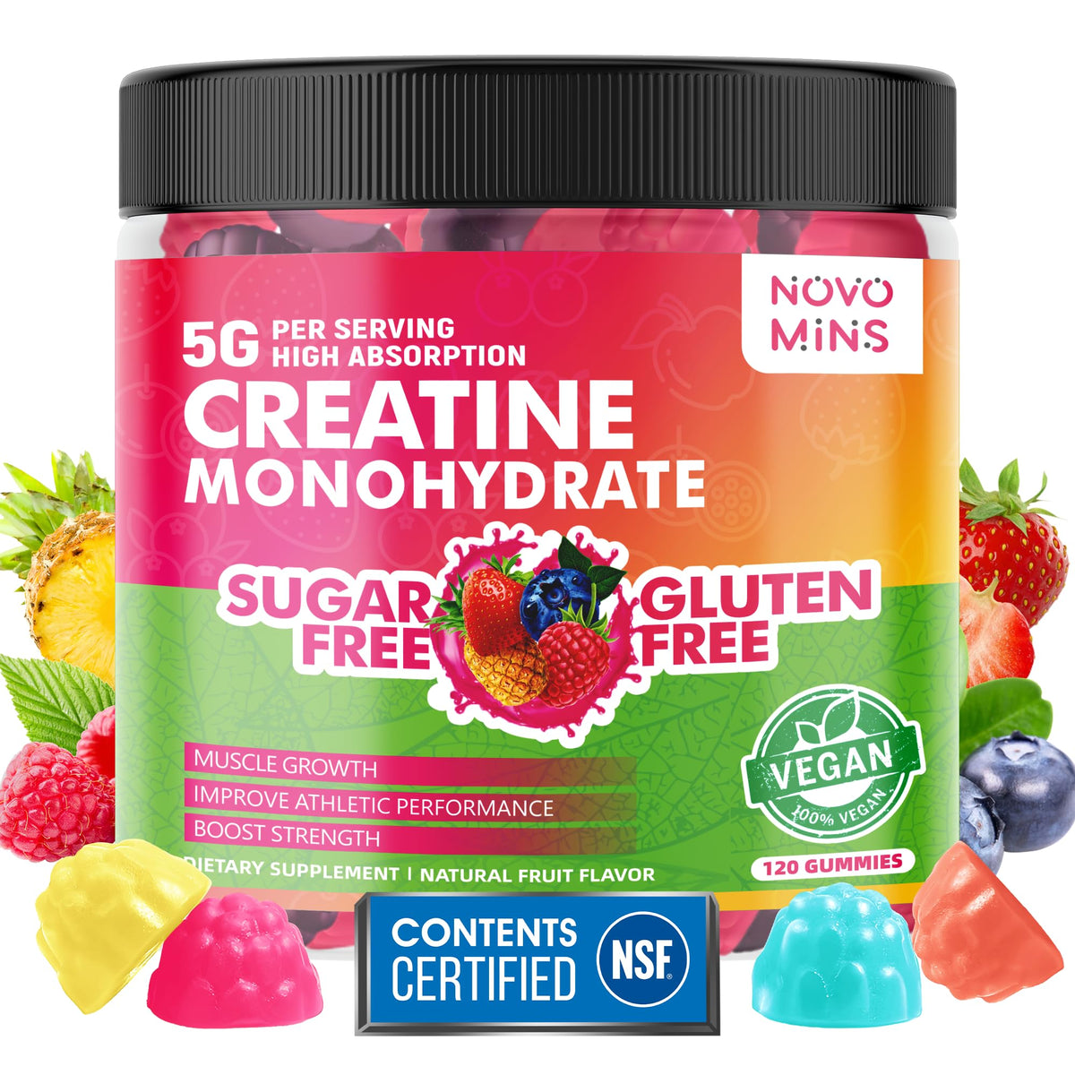 Gomitas novomins de creatina en envase, porciones diarias para entrenamiento.