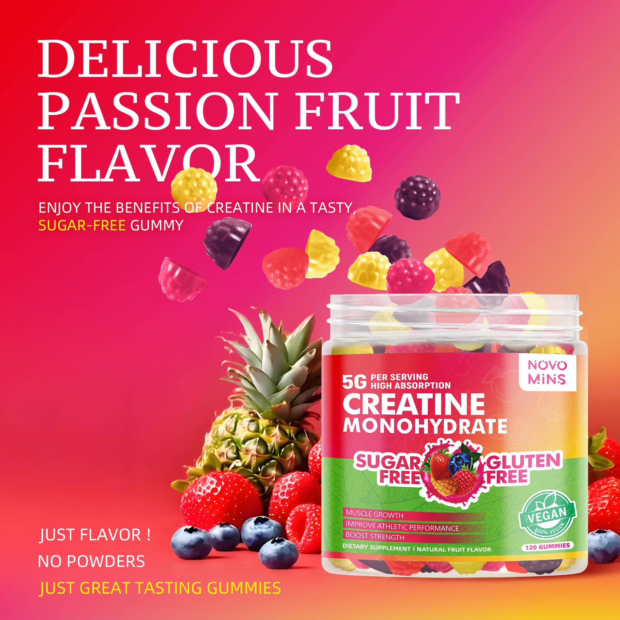 Gomitas sabor frutal novomins creatina, sabor agradable para tomar en cualquier momento.