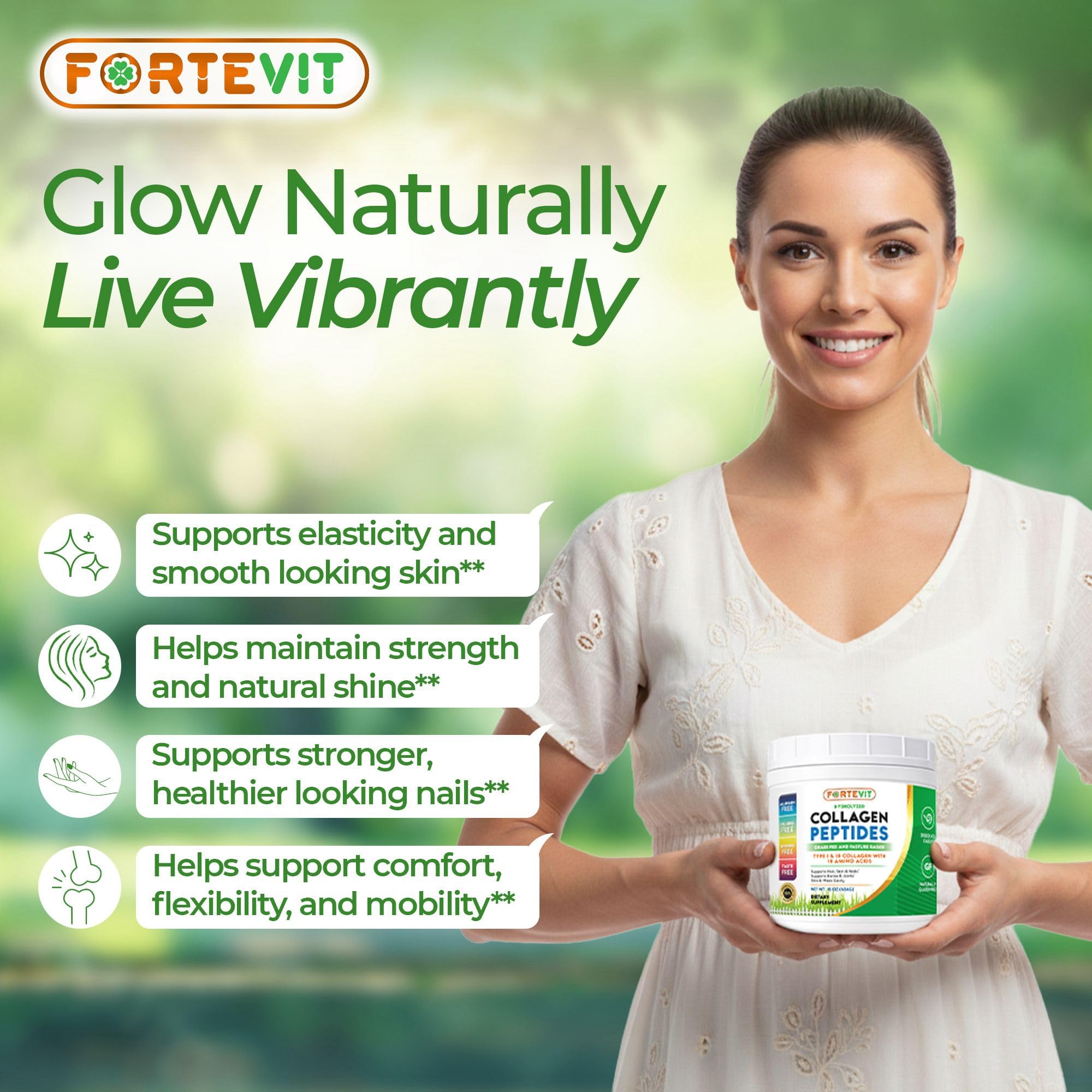 Novonex Fortevit polvo disuelto en batido para cabello más brillante y uñas fuertes