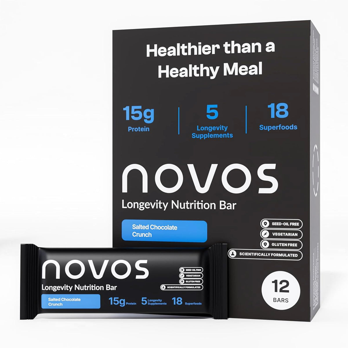 Novos Longevity Bar: empaque para llevar, snack práctico para tus pausas diarias.