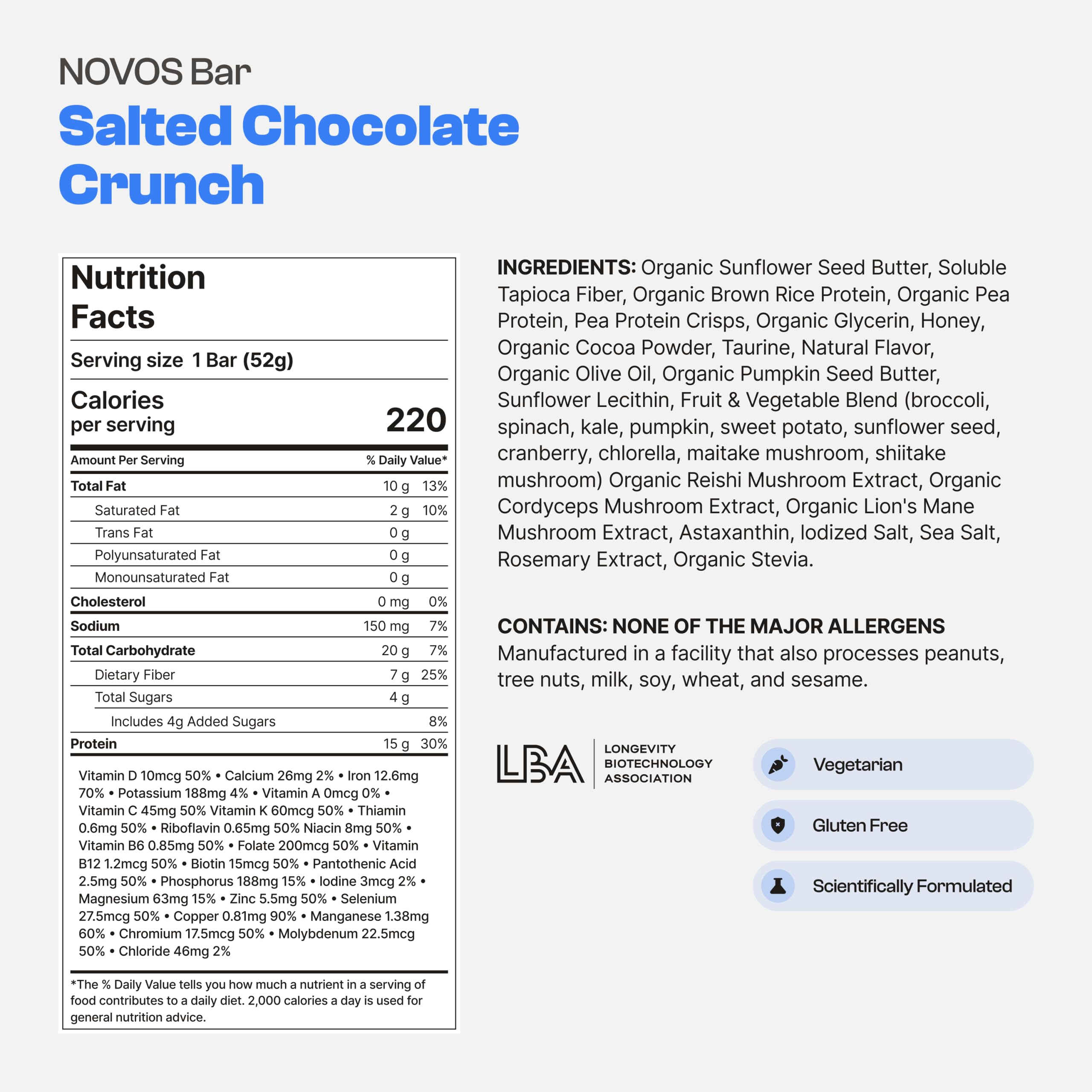 Novos Longevity Bar: textura crujiente y sabor chocolate salado, perfecto para merienda.