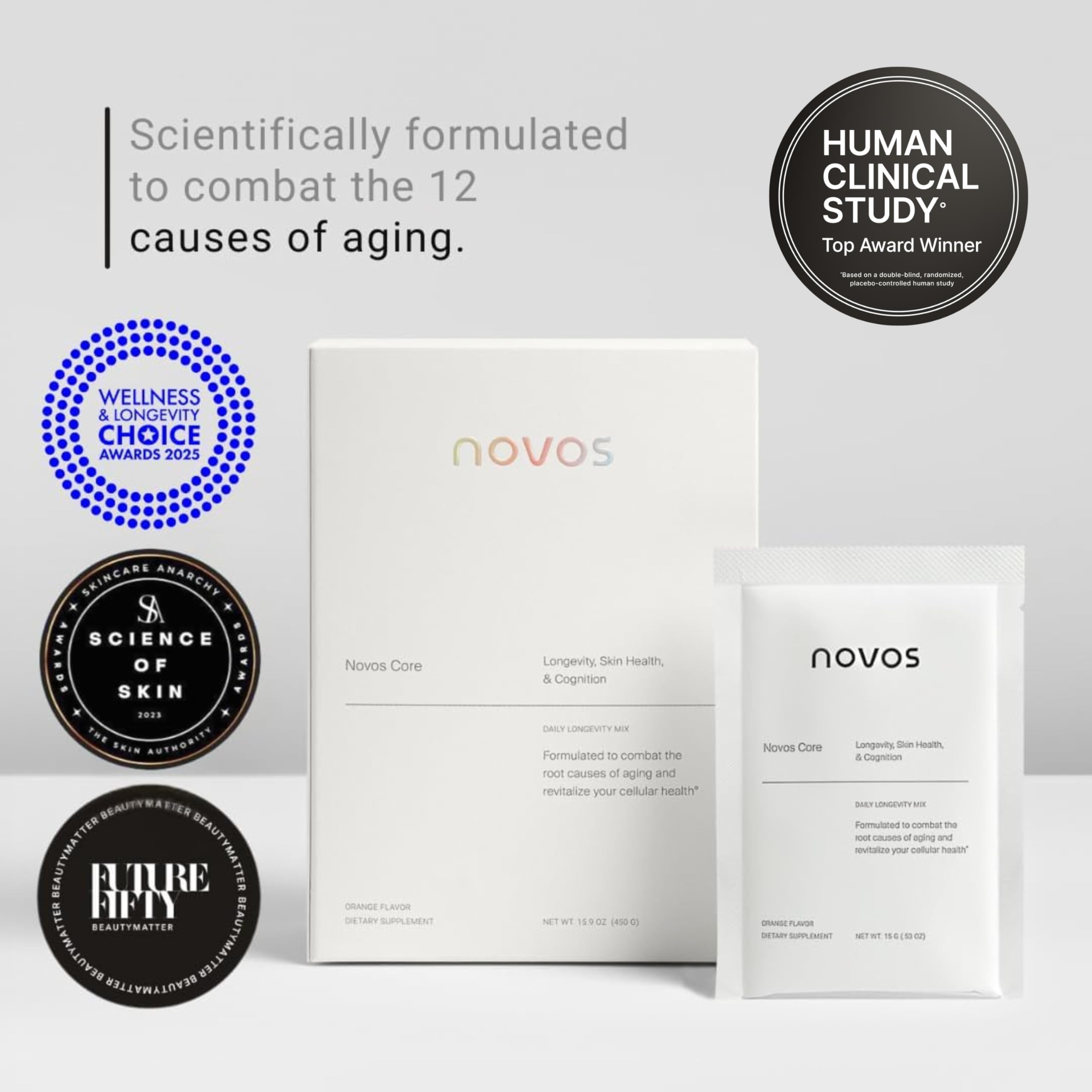 NOVOS Core Longevity Mix en caja, almacenamiento práctico.