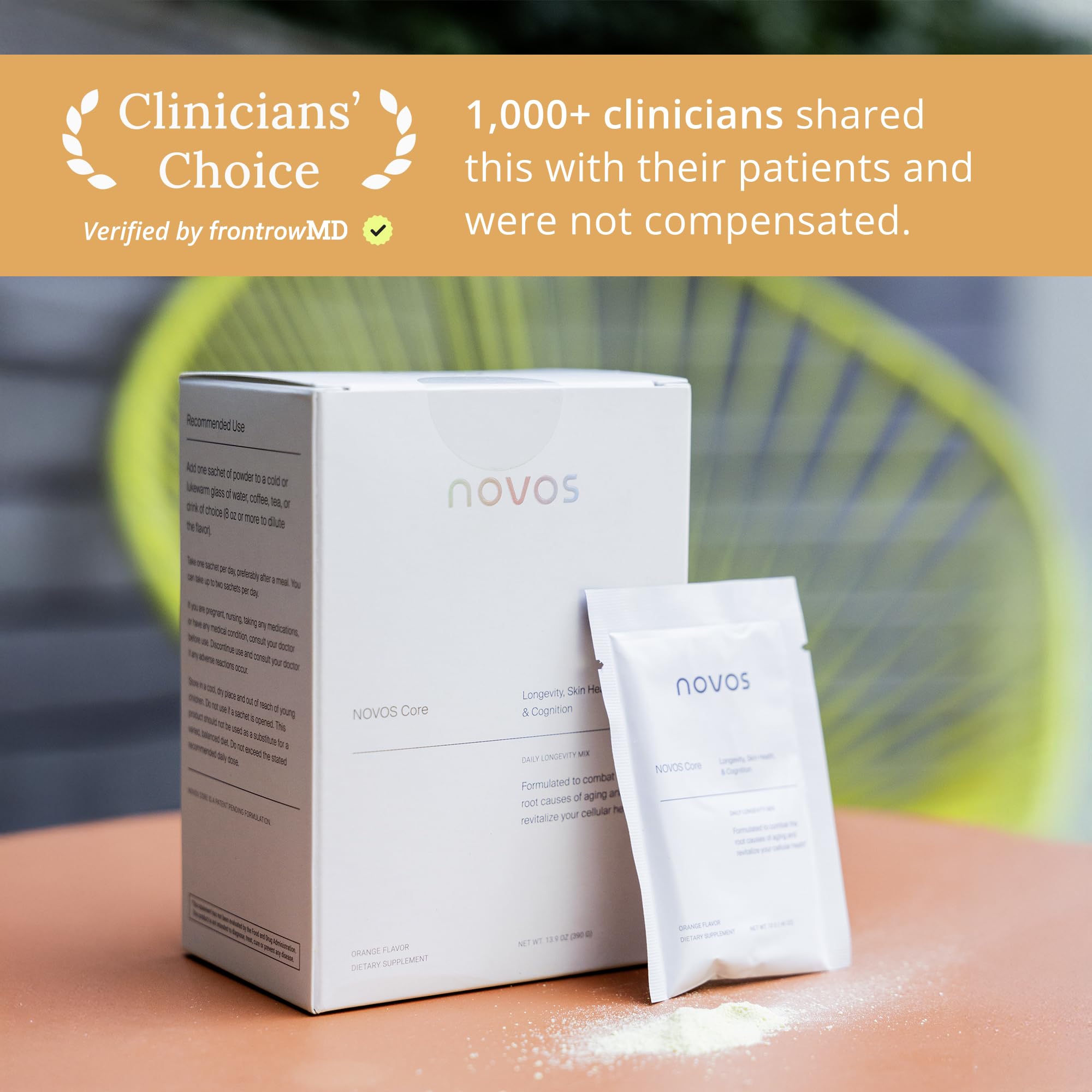 NOVOS Core Longevity Mix, etiqueta clara con información útil para el usuario.