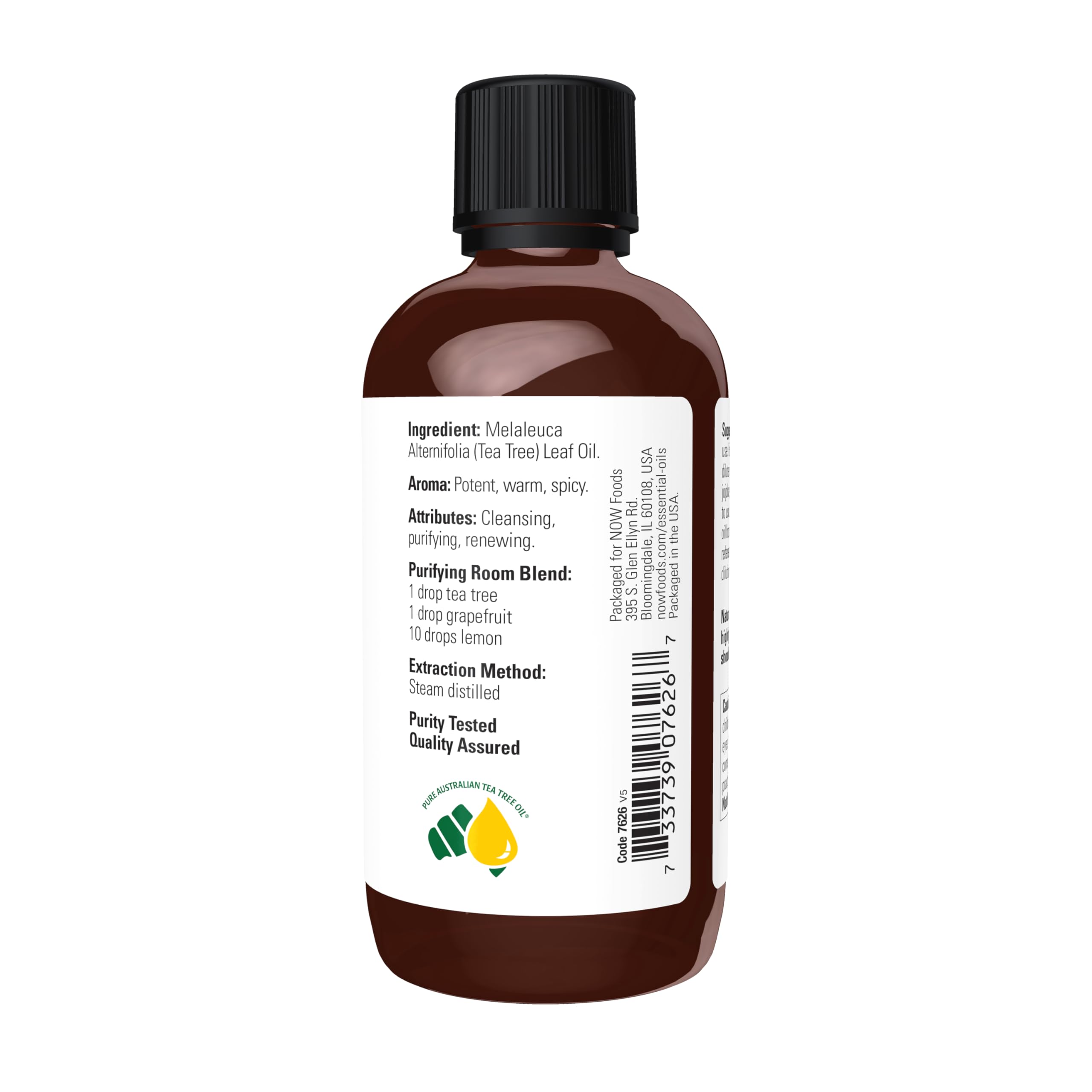 Etiqueta frontal de NOW Aceite de Árbol de Té con información de pureza.
