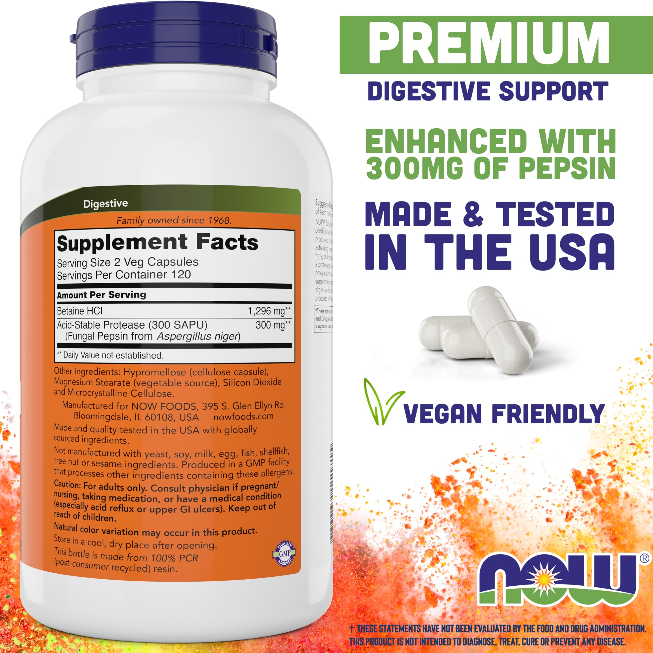 Botella de NOW Foods Betaine HCl 648 mg con proteasa para facilitar la digestión de proteínas.