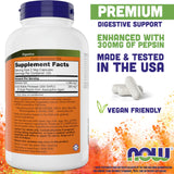 Botella de NOW Foods Betaine HCl 648 mg con proteasa para facilitar la digestión de proteínas.