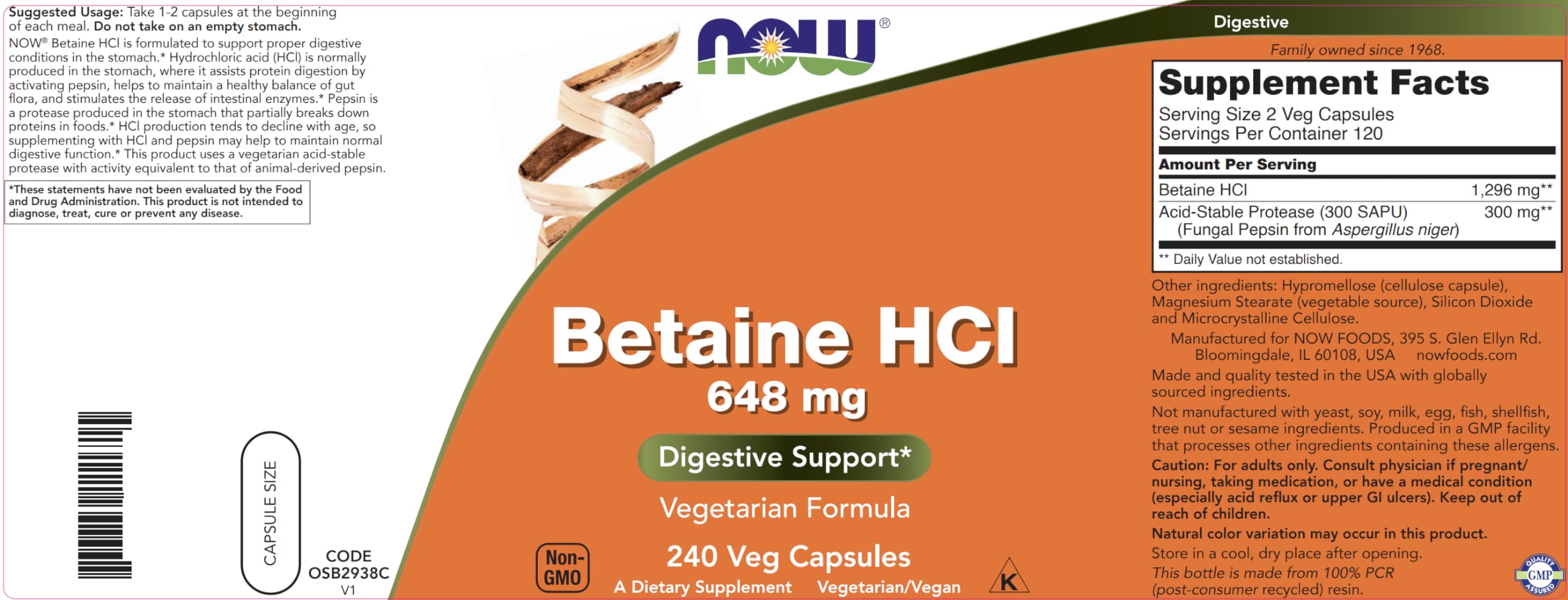 Cápsulas vegetales de NOW HCl muestran tamaño práctico para tomar con las comidas.