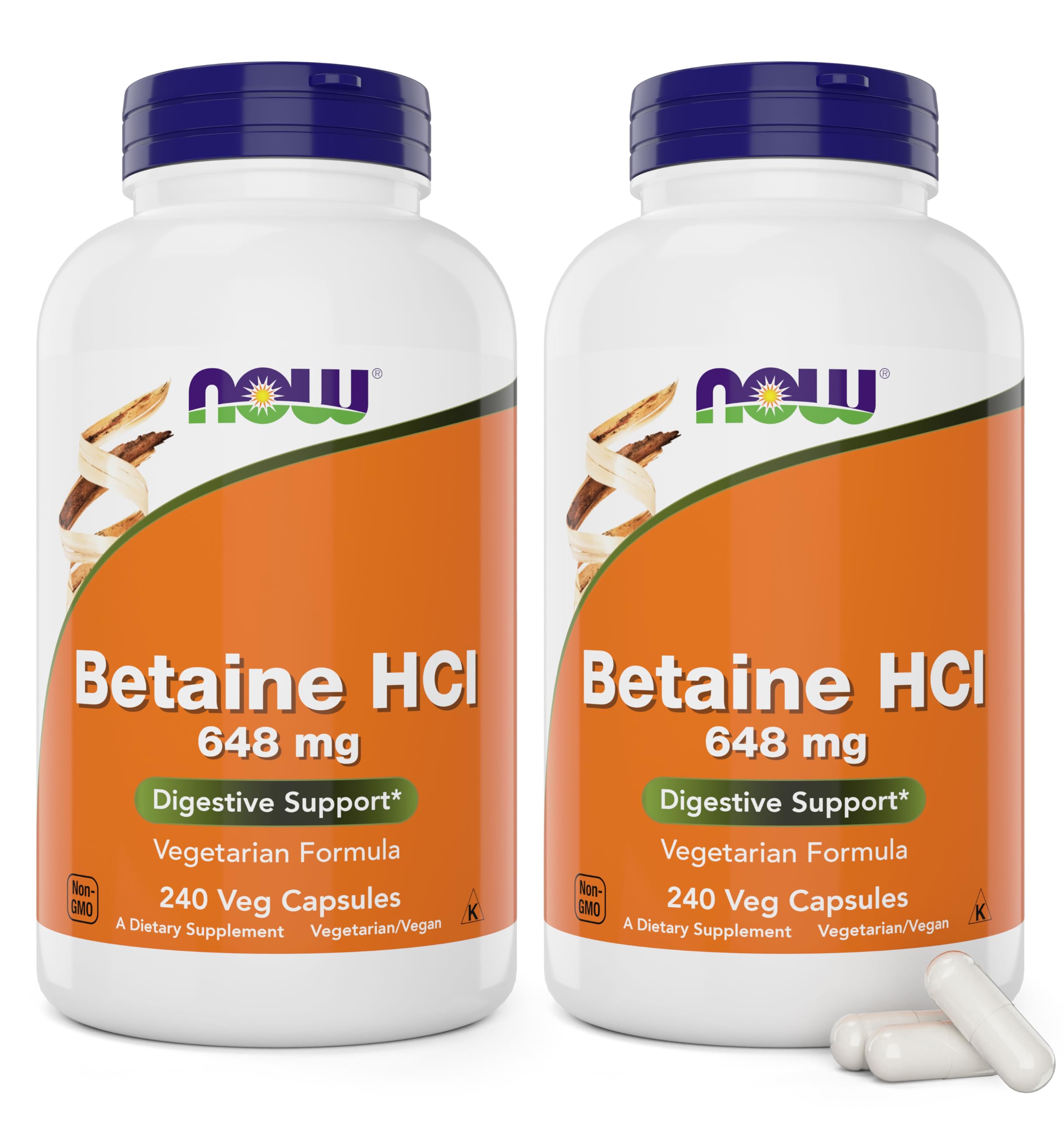 NOW Foods Betaine HCl 648 mg cápsulas vegetales: soporte digestivo suave.