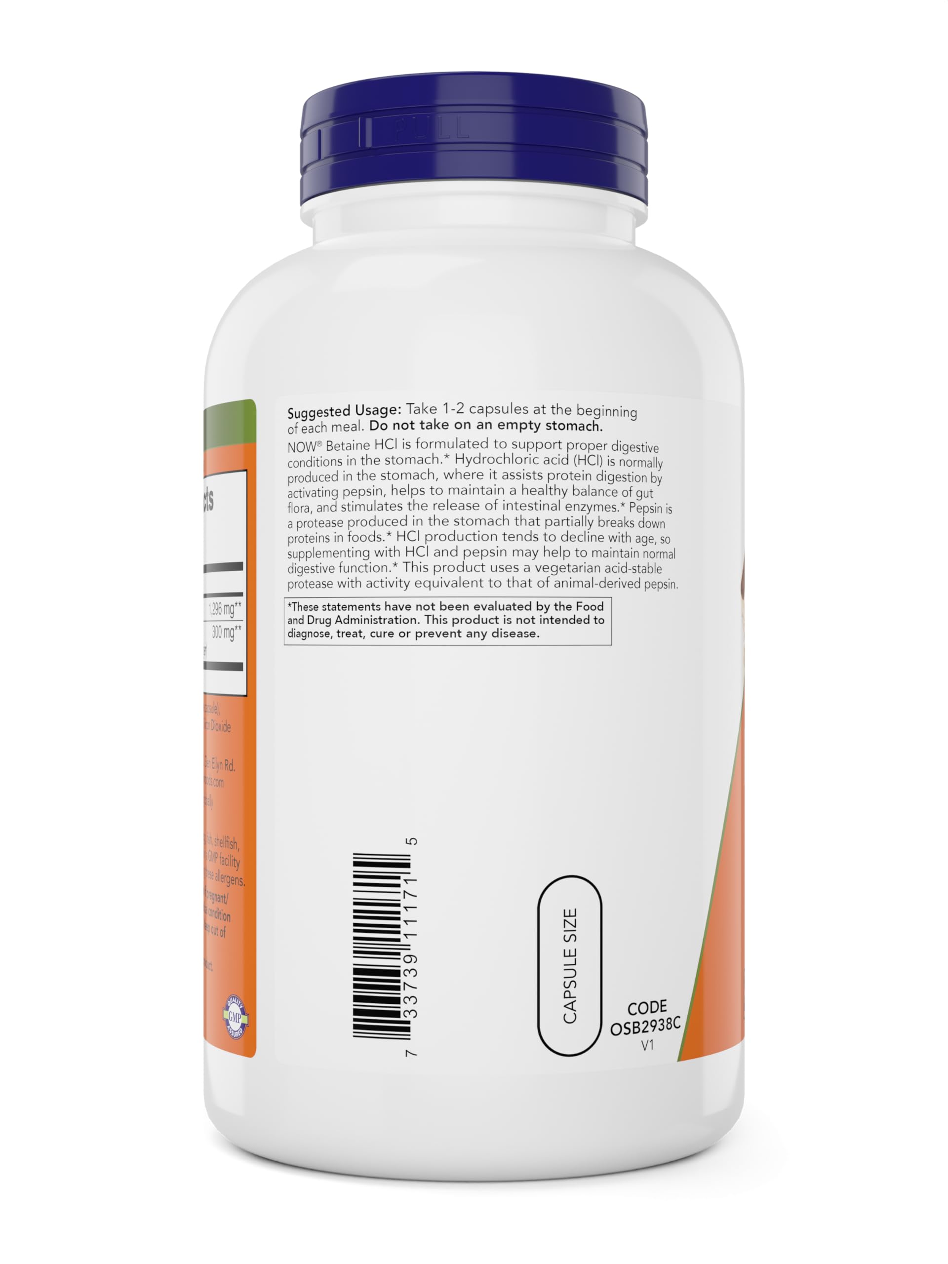 Etiqueta de NOW Foods Betaine HCl 648 mg muestra información nutricional y recomendaciones de uso.