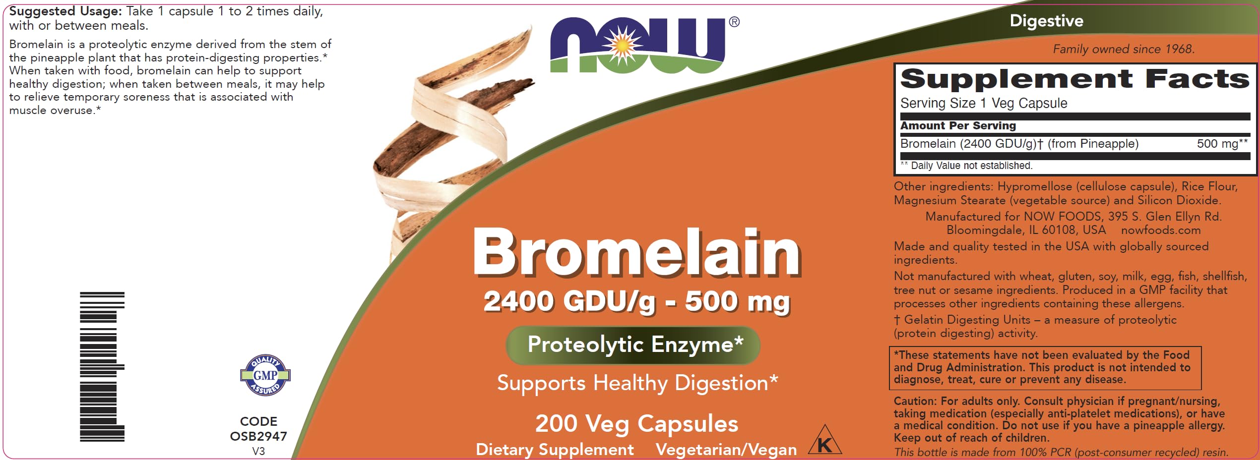 NOW Foods bromelina, etiqueta frontal clara y confiable en el envase.