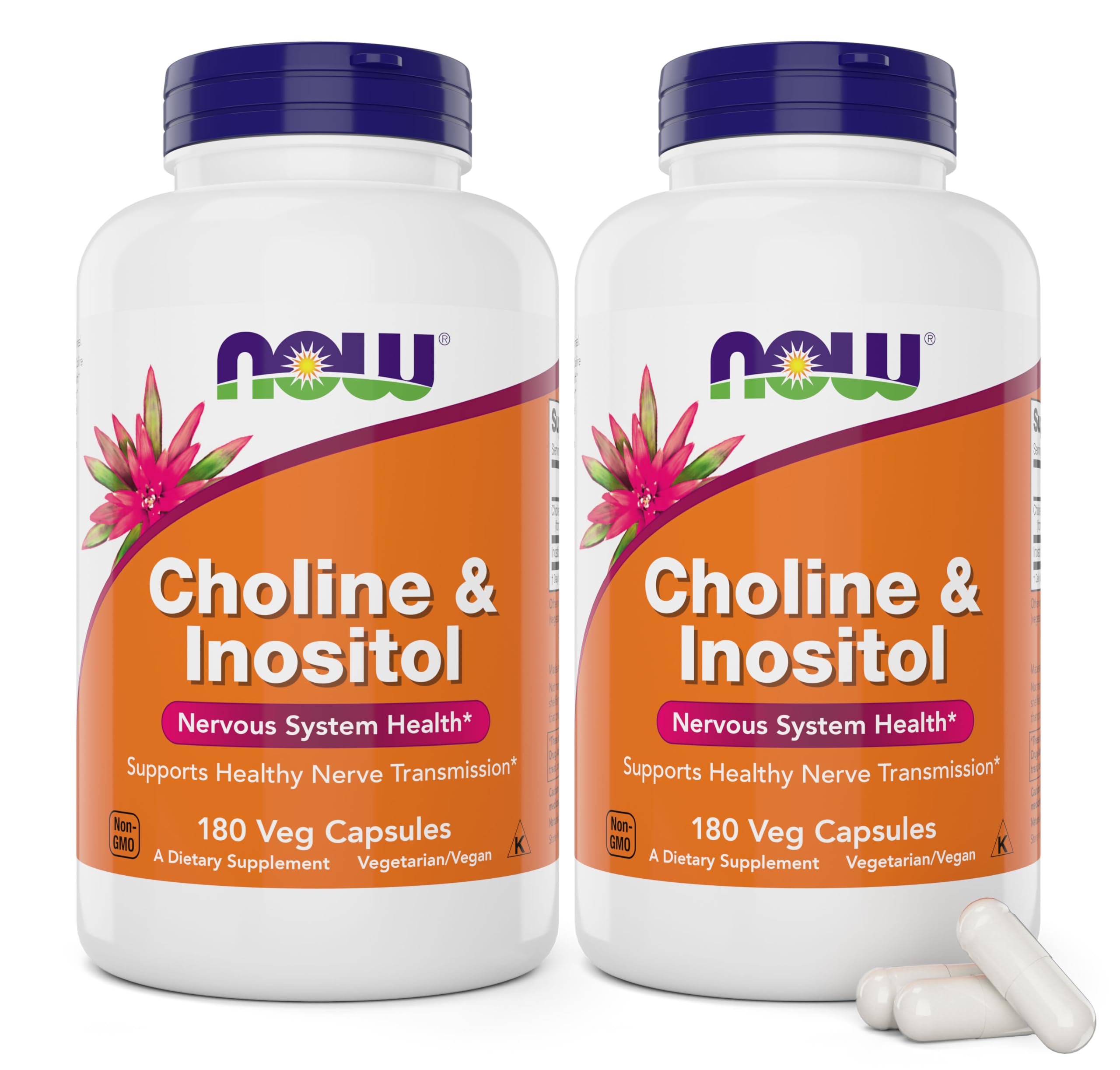 NOW Colina y Inositol: cápsulas en botella frontal para uso diario.