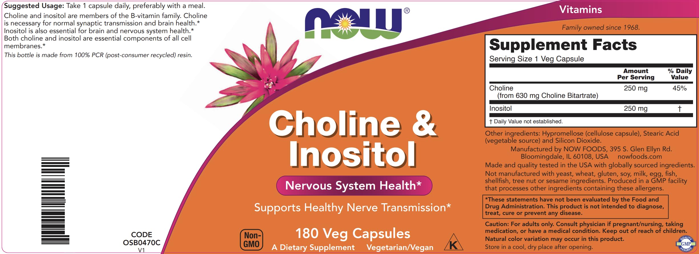 Ingredientes clave: Colina y Inositol en cápsulas vegetarianas de NOW.