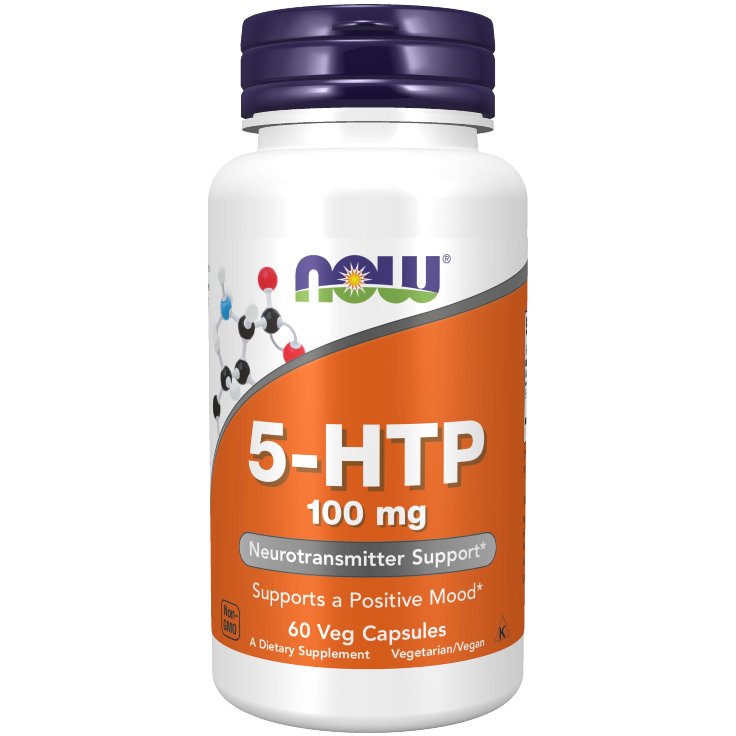 NOW Foods 5-HTP, botella de cápsulas veganas para uso diario.