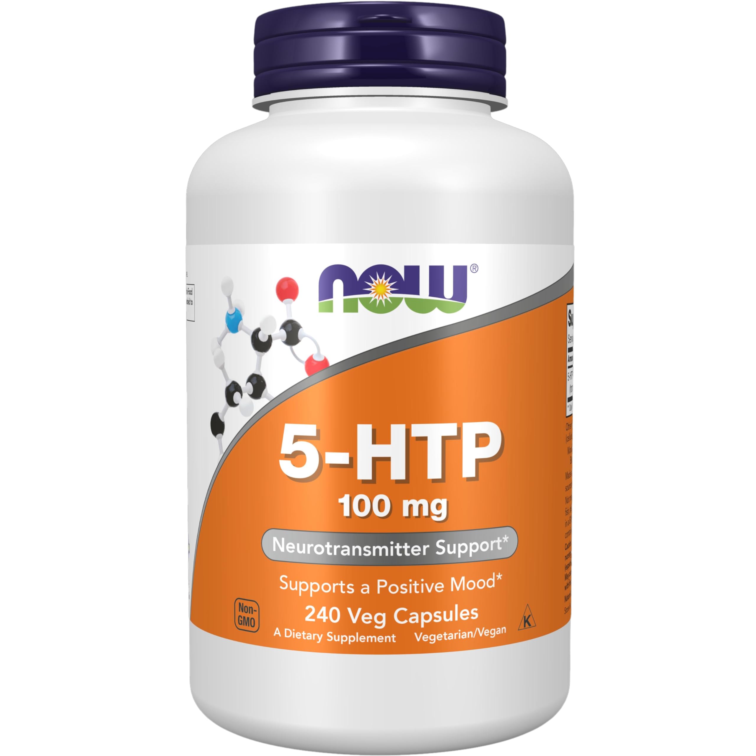 NOW Foods 5-HTP botella en mesa, apoyo potencial al equilibrio emocional