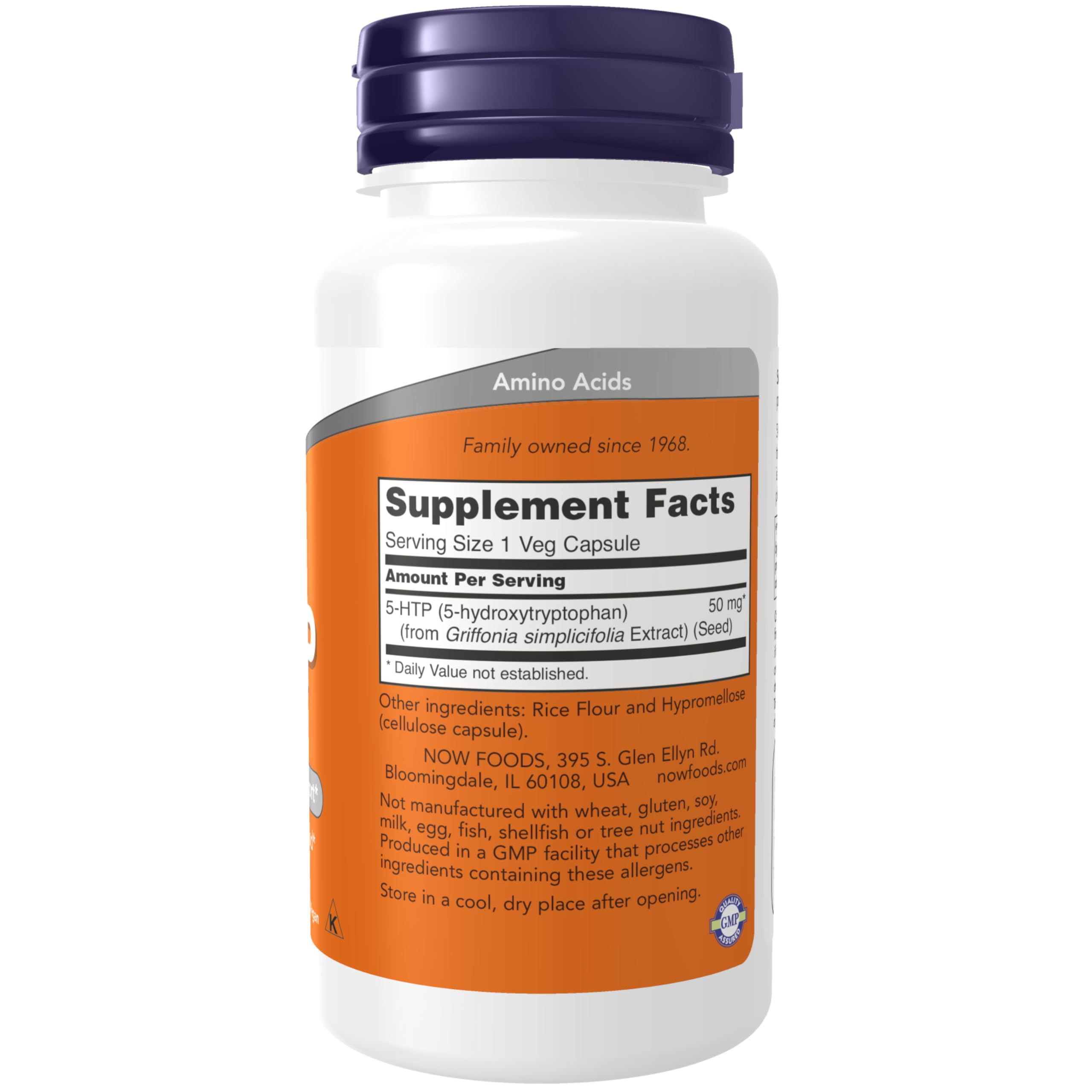 NOW Foods 5-HTP etiqueta de la botella mostrando ingredientes y uso potencial