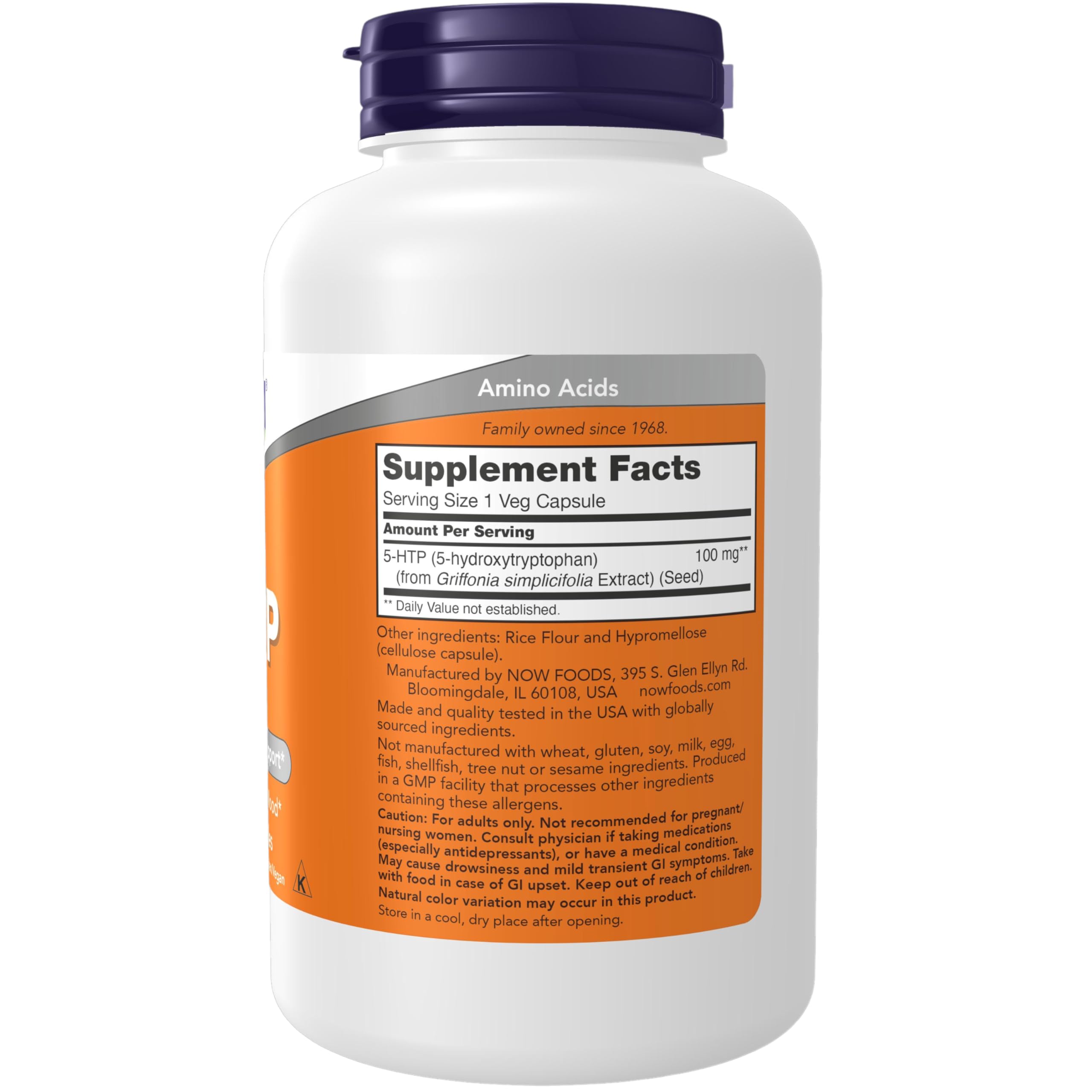 NOW Foods 5-HTP etiqueta cercana, información clara para iniciar una rutina