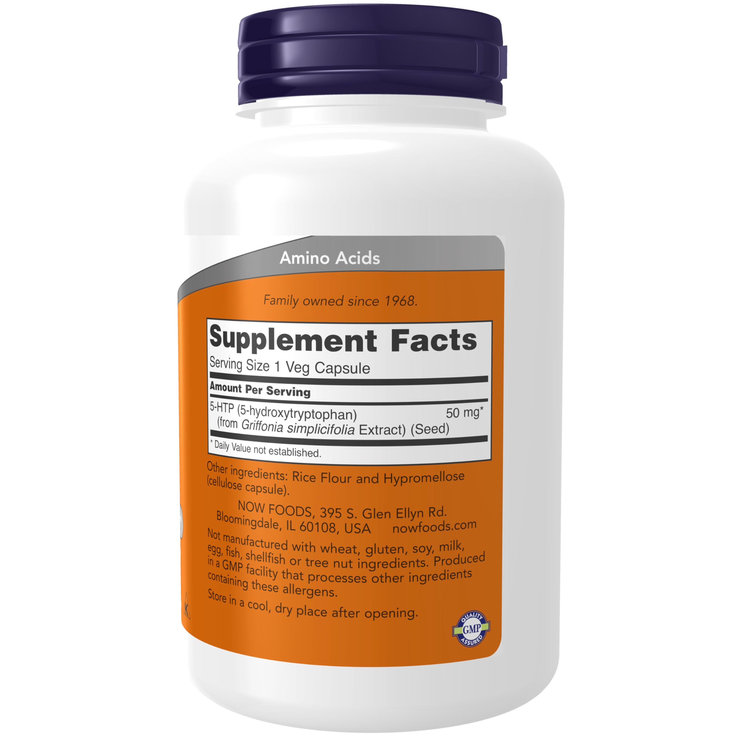 NOW Foods 5-HTP etiqueta frontal, información clara del producto