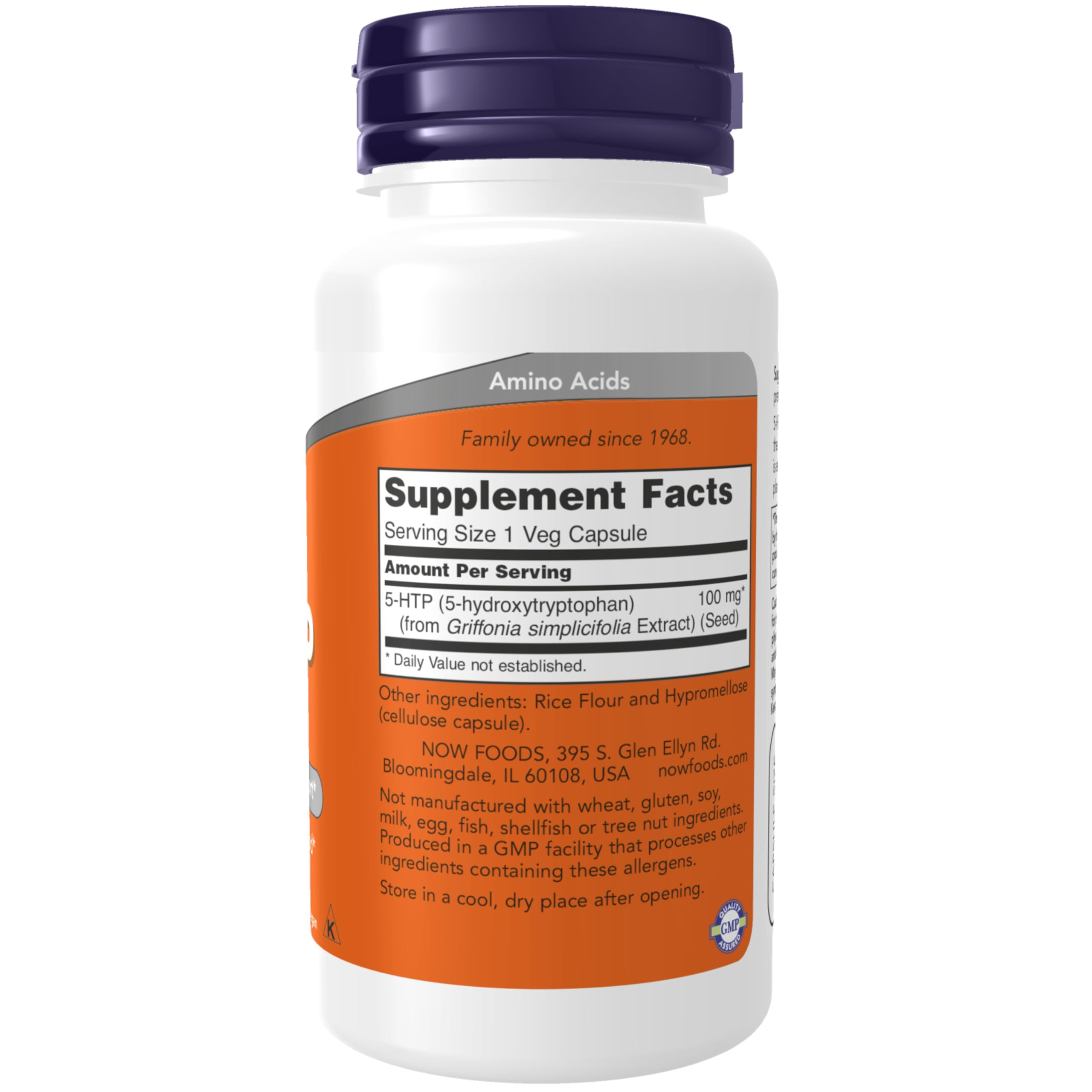 NOW Foods 5-HTP, etiqueta clara para confianza y trazabilidad.