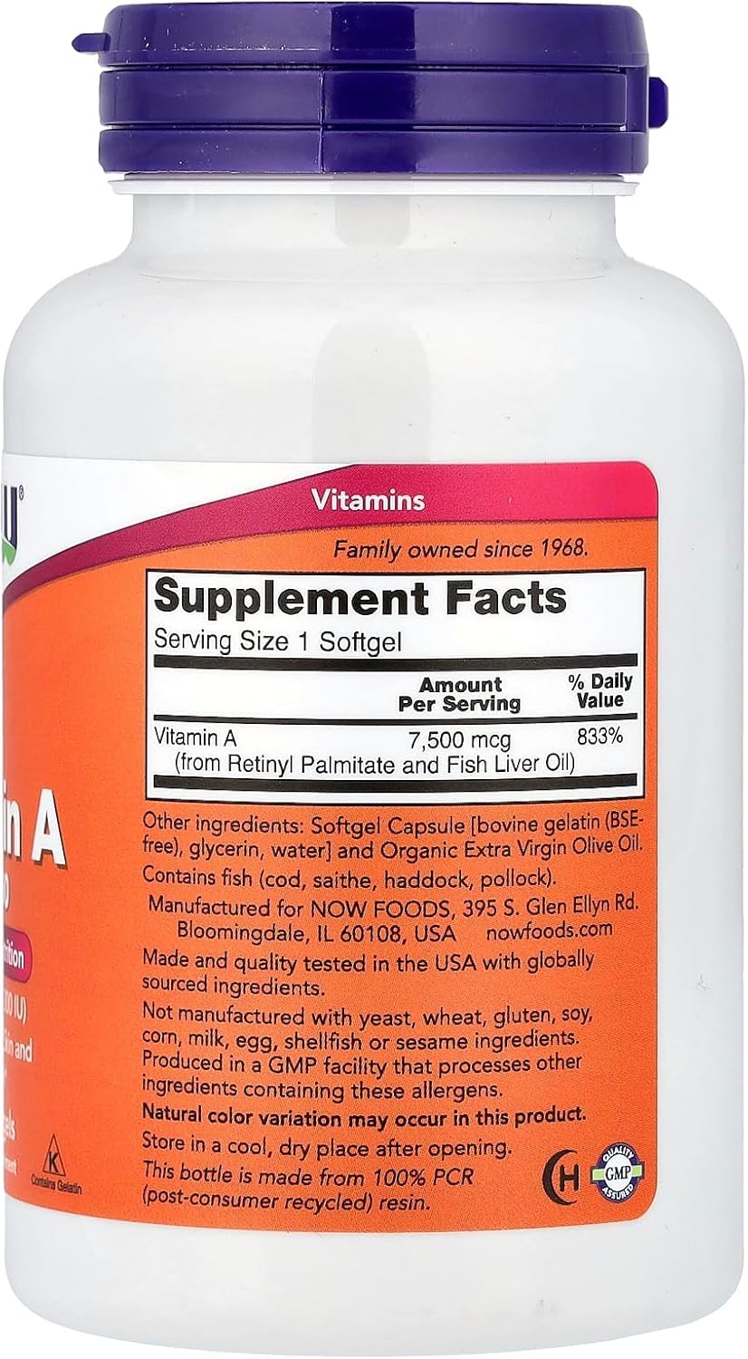 NOW Foods A 25,000 UI Softgel, foco en tejido epitelial sano y apoyo a la piel