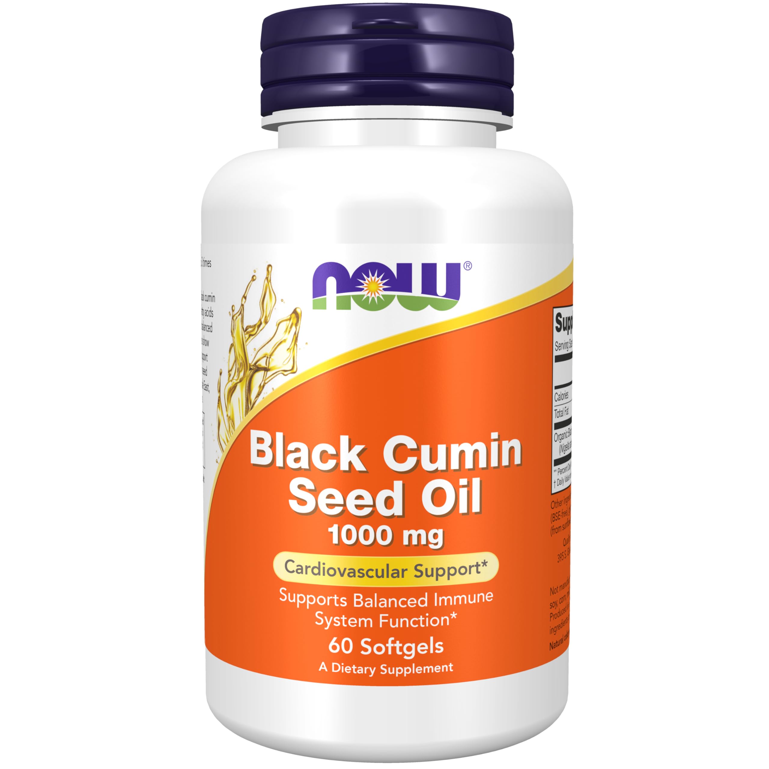 NOW Foods aceite de comino negro en cápsulas, botella en primer plano, apoyo al sistema inmunológico equilibrado