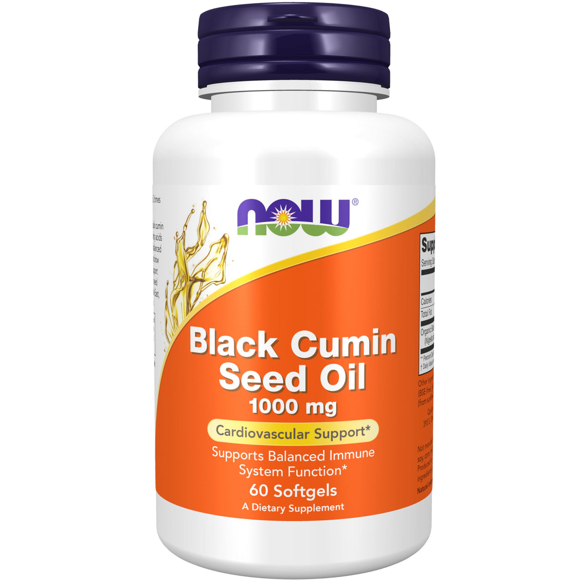 NOW Foods aceite de comino negro en cápsulas, botella en primer plano, apoyo al sistema inmunológico equilibrado
