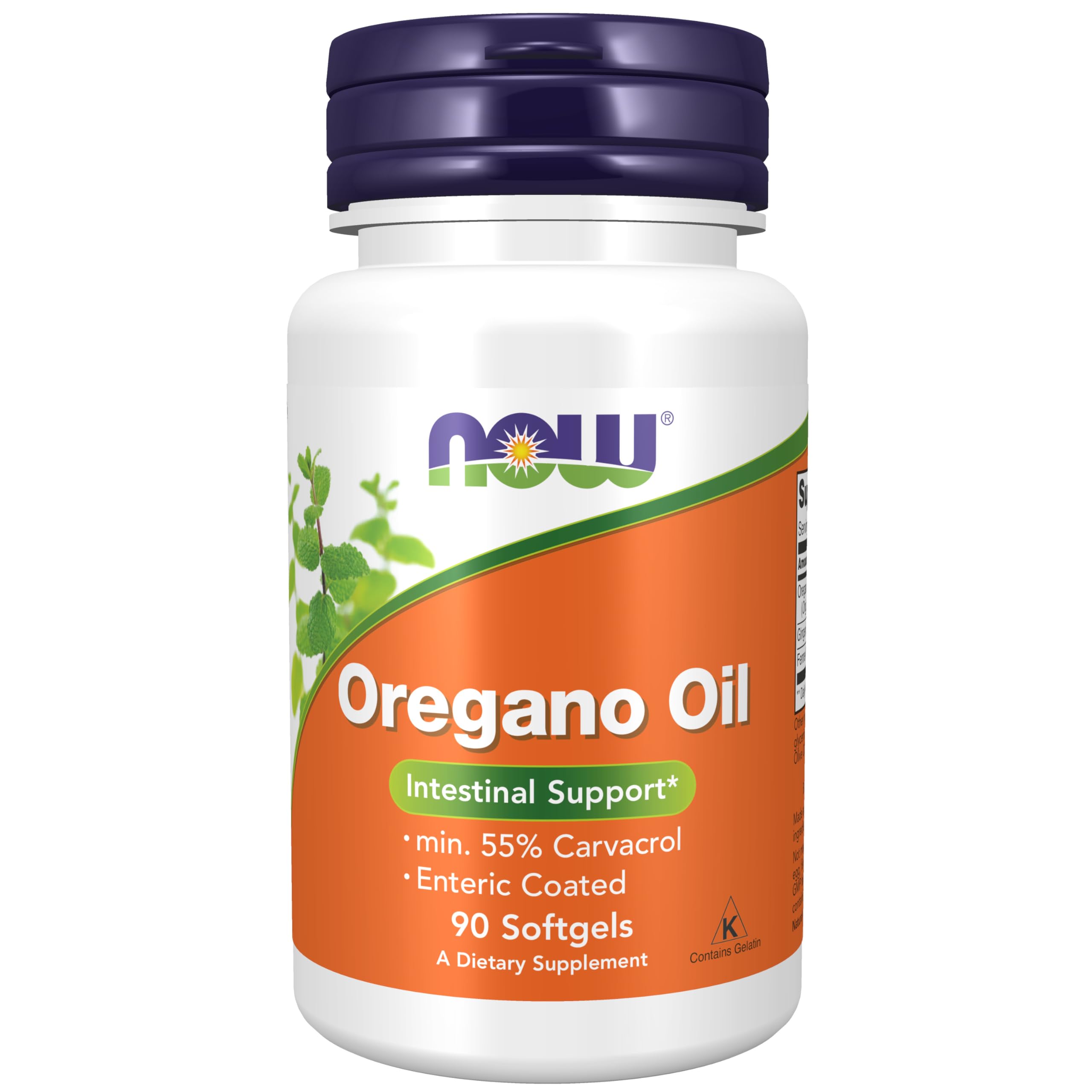 NOW Foods Aceite de Oregano con Jengibre y Hinojo, cápsulas blandas frente a la botella, apoyo digestivo.