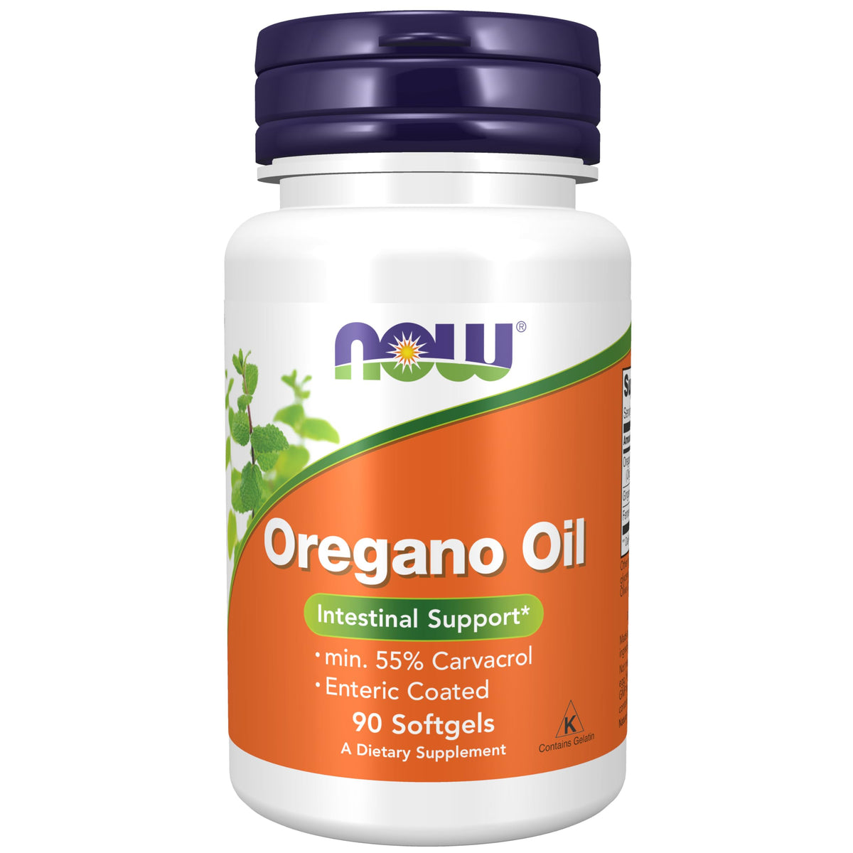 NOW Foods Aceite de Oregano con Jengibre y Hinojo, cápsulas blandas frente a la botella, apoyo digestivo.