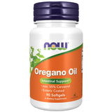 NOW Foods Aceite de Oregano con Jengibre y Hinojo, cápsulas blandas frente a la botella, apoyo digestivo.