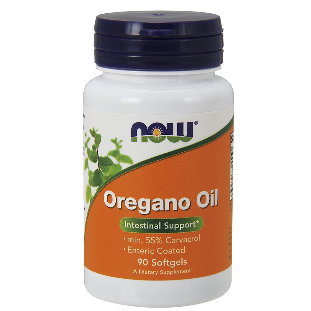 NOW Foods Oregano Oil cápsulas entéricas en envase, posible apoyo a la flora intestinal