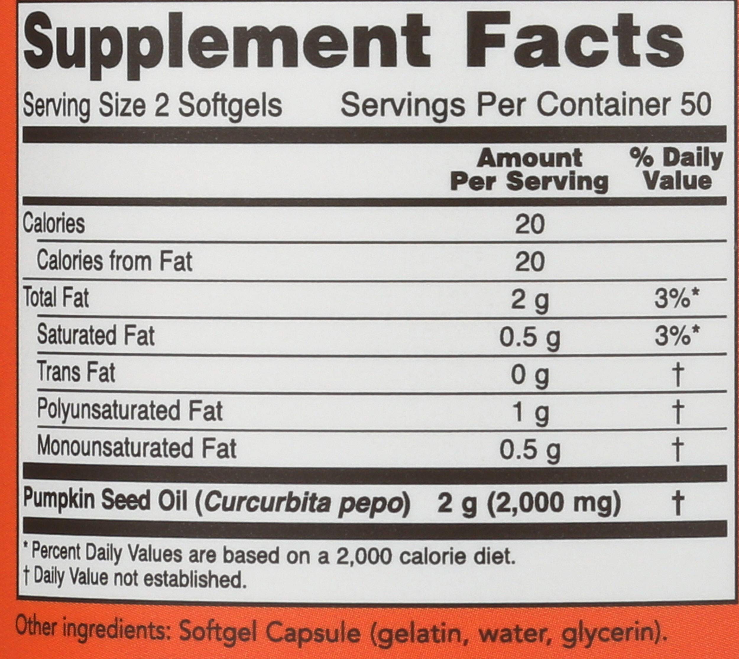 NOW Foods Aceite de Semilla de Calabaza, etiqueta frontal con información clara.