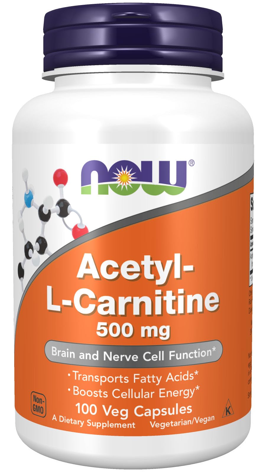 NOW Foods Acetil L-Carnitina 500 mg en botella, apoyo a la energía celular.