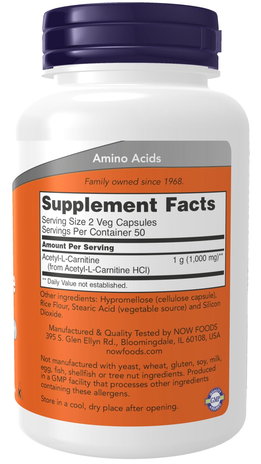 NOW Foods Acetil L-Carnitina 500 mg, cápsulas visibles, favorece la función cerebral.