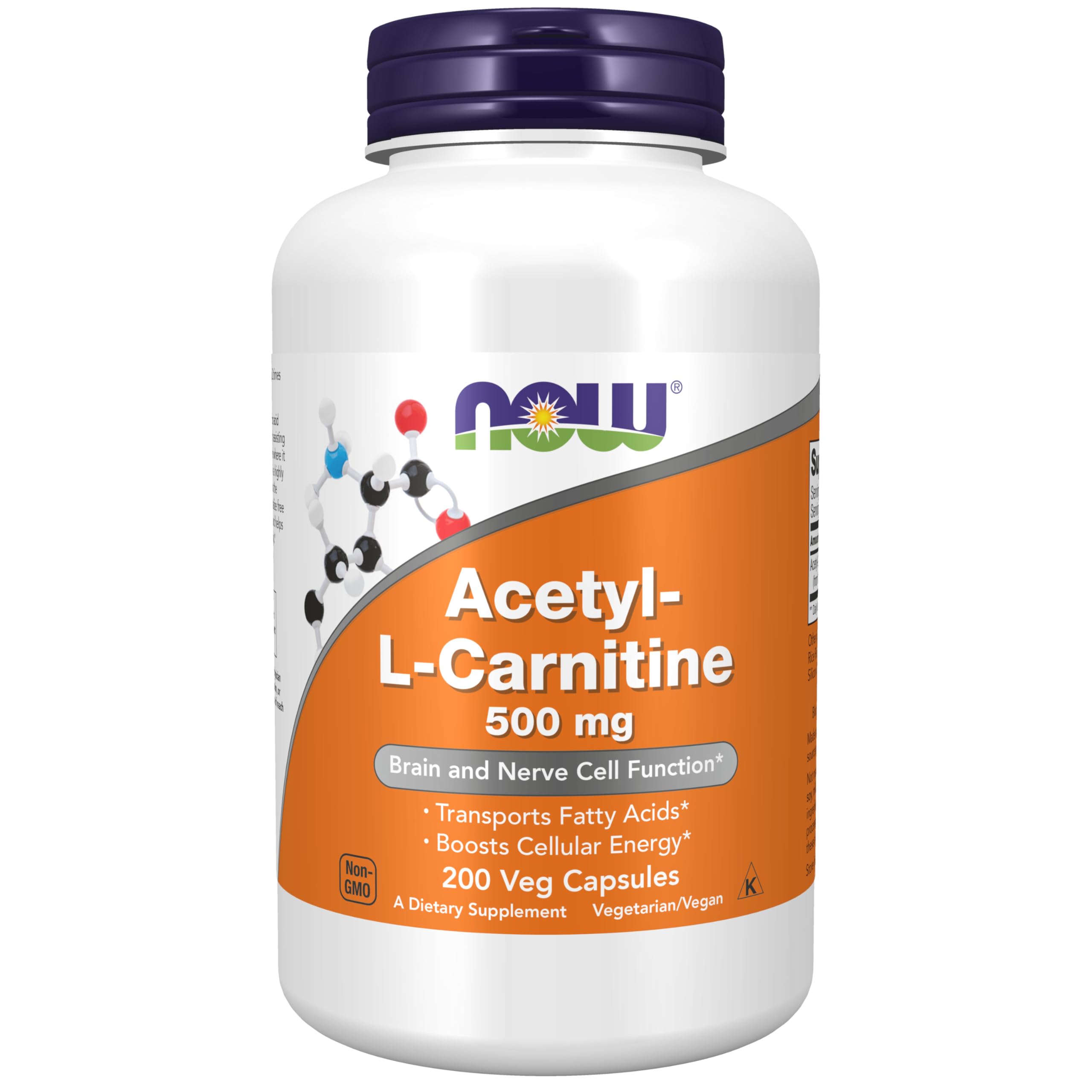 Botella NOW Foods Acetyl-L-Carnitine 500 mg frente, soporte de energía diaria.