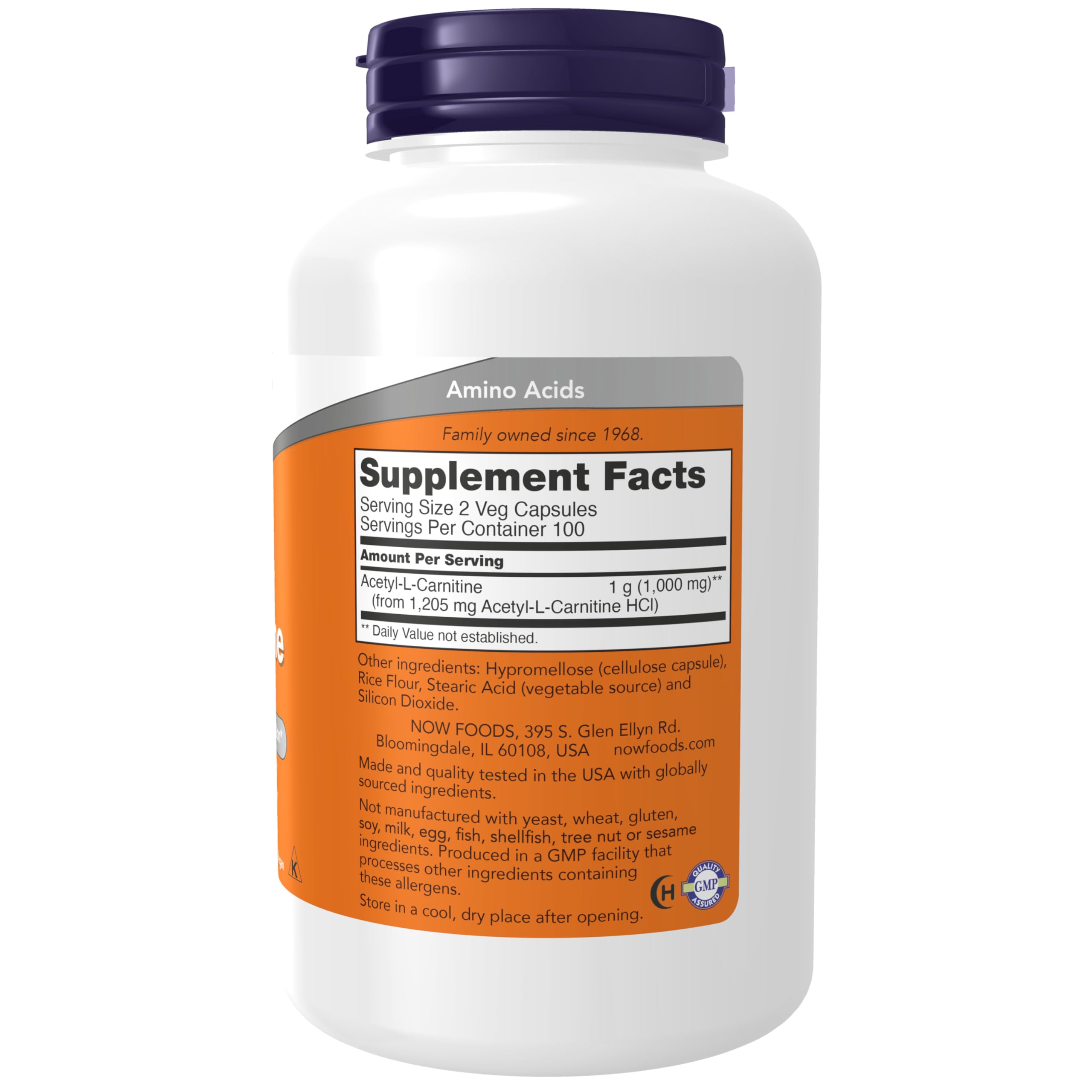 Etiqueta NOW Foods Acetyl-L-Carnitine 500 mg en botella, lectura clara NOW Foods.