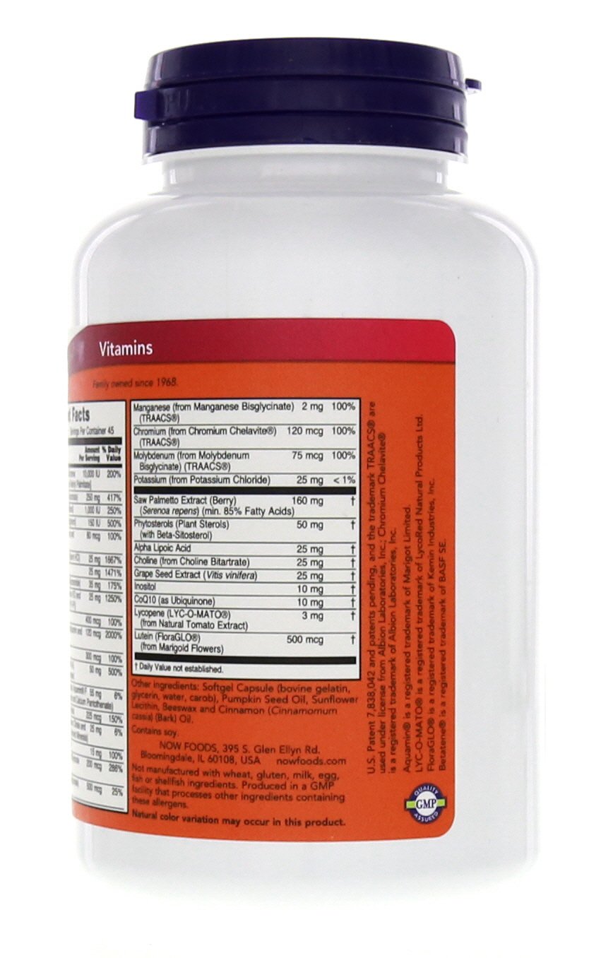 NOW Foods Adam softgels guía de uso para porción de 2 cápsulas.
