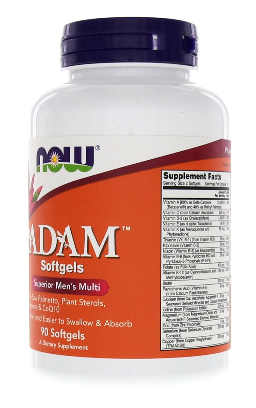 NOW Foods Adam softgels en mano muestran tamaño cómodo para la toma diaria.