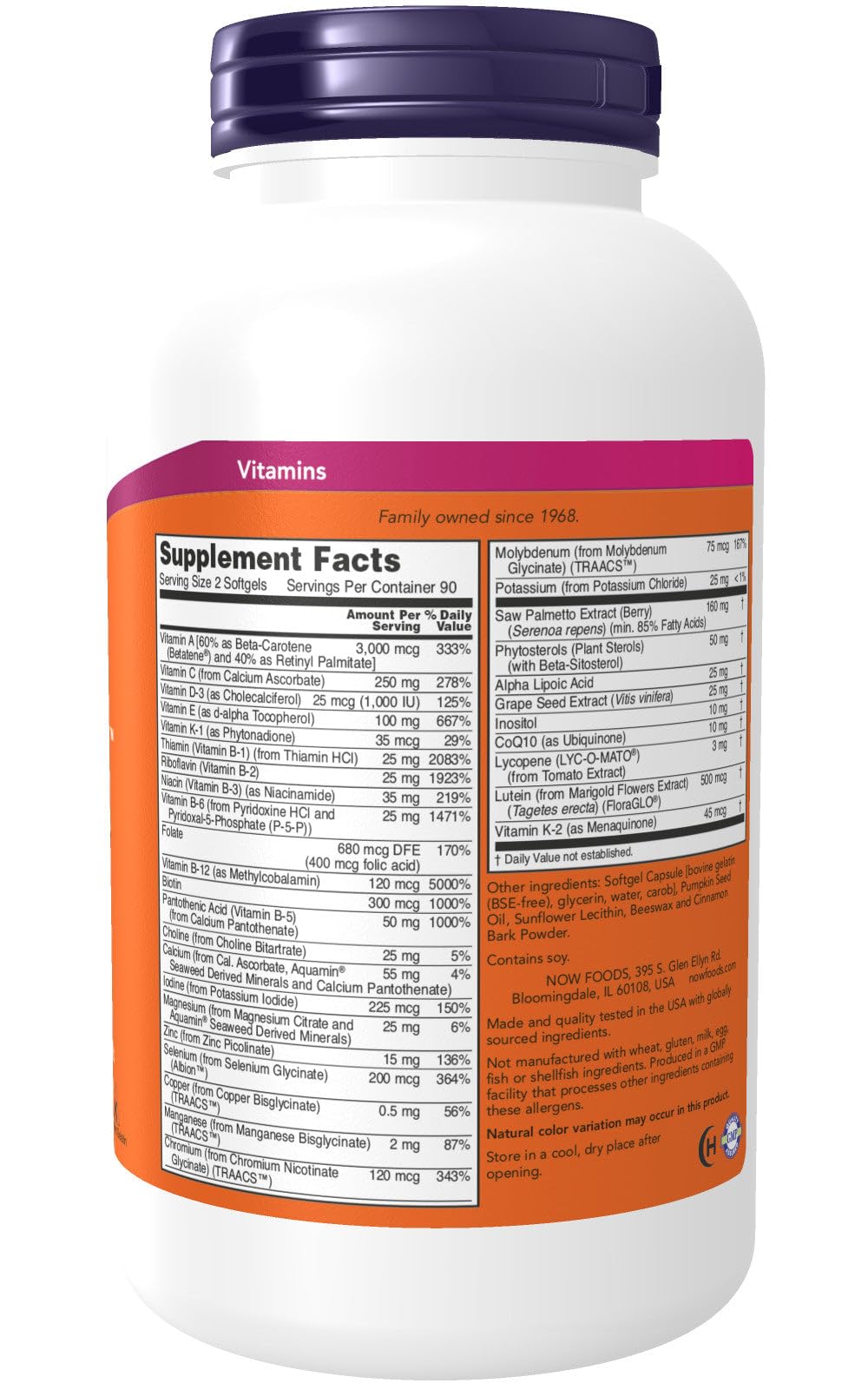 NOW Foods ADAM Superior Multi, etiqueta clara, ayuda a identificar nutrientes clave para la salud masculina.