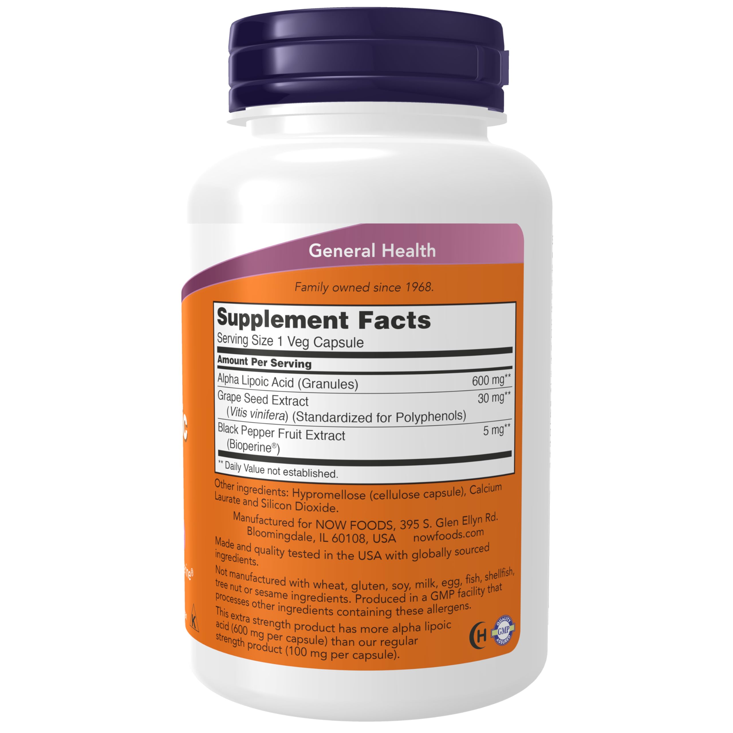 NOW Foods Alfa Lipoico 600 mg envase frontal, posible apoyo para funciones celulares.