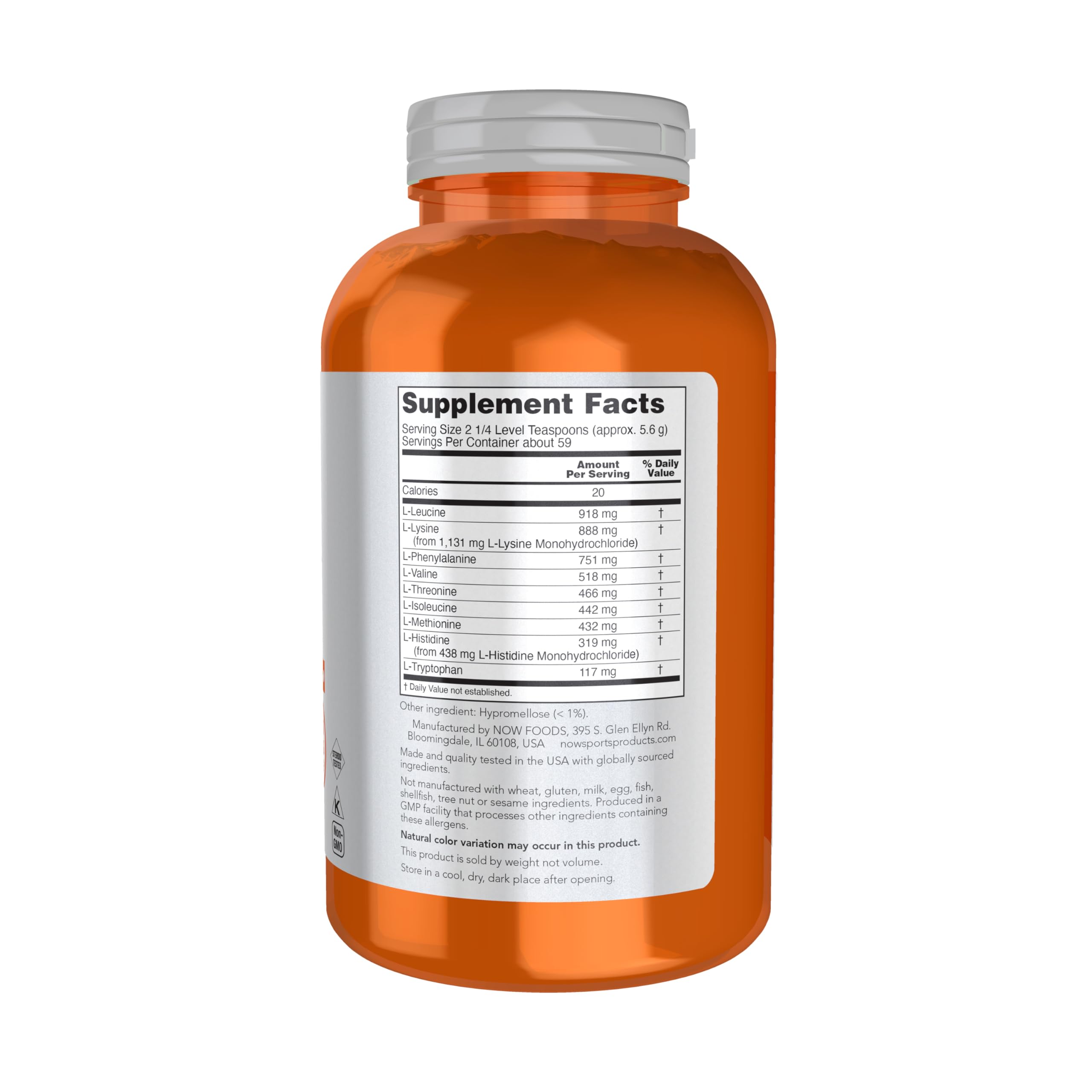 NOW Foods Amino-9 Essentials pote con dosificador para uso diario.