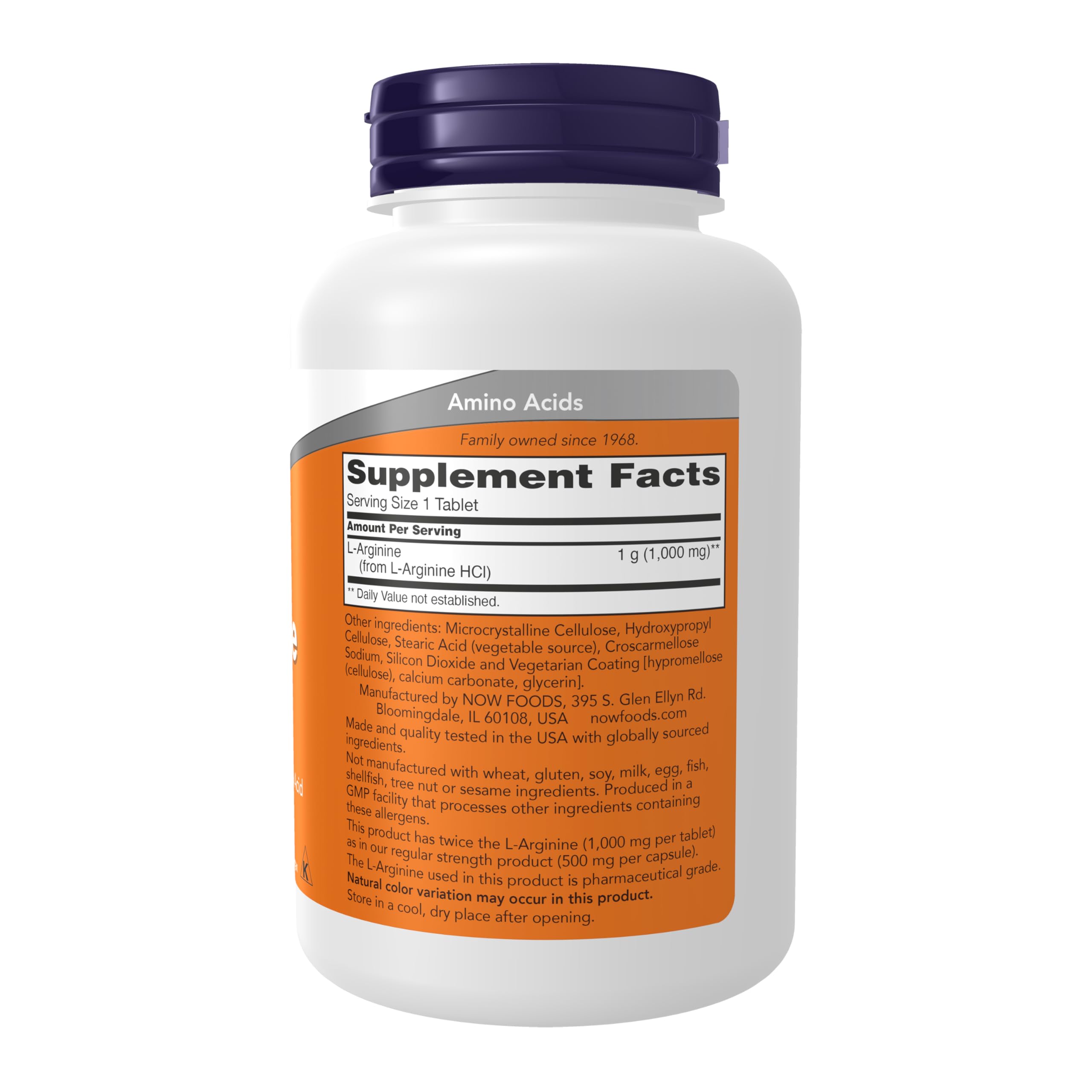 NOW Foods Arginina 1000 mg, etiqueta de ingredientes, precursor del óxido nítrico.