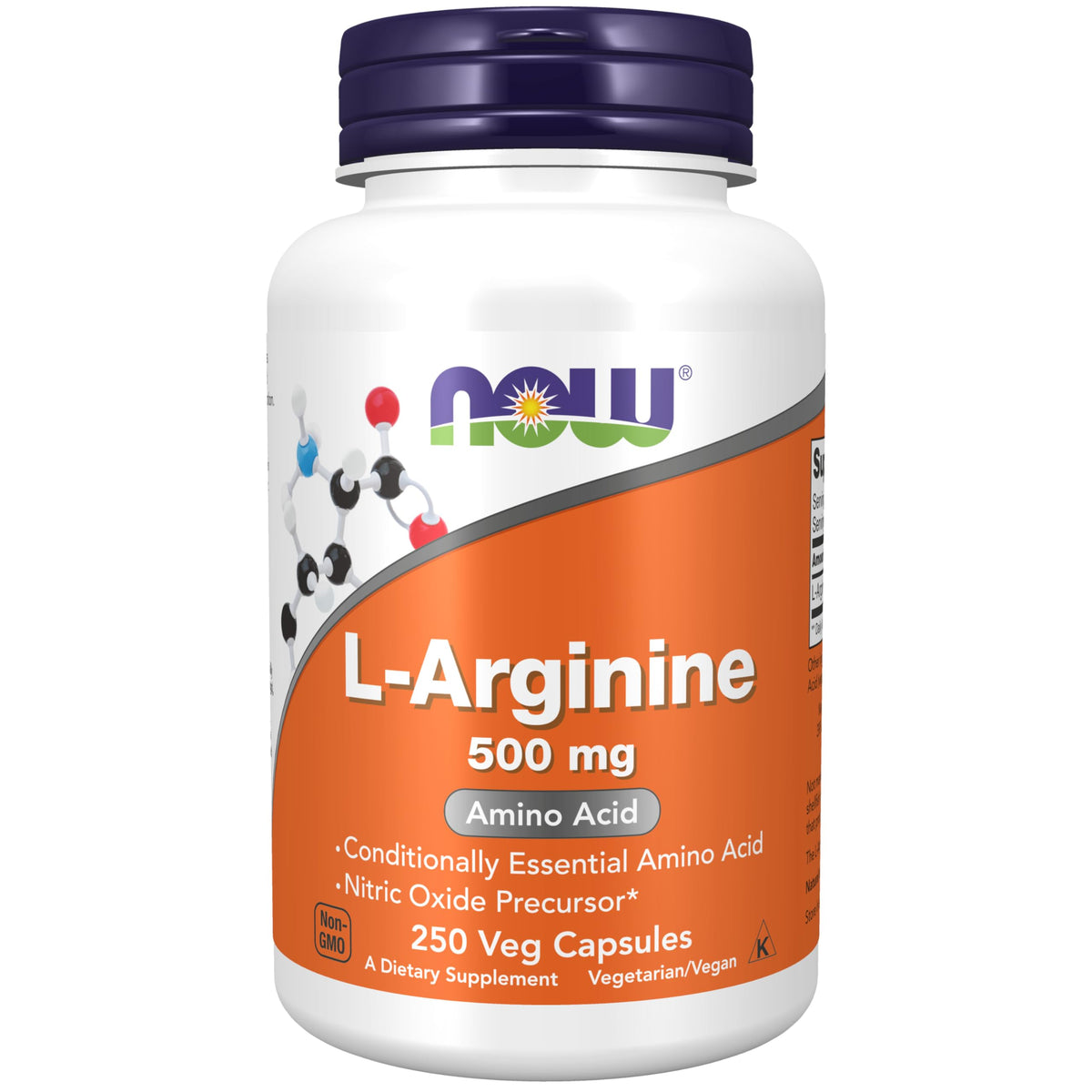 NOW Foods Arginina 500 mg, botella frontal, posible apoyo a la función vascular.