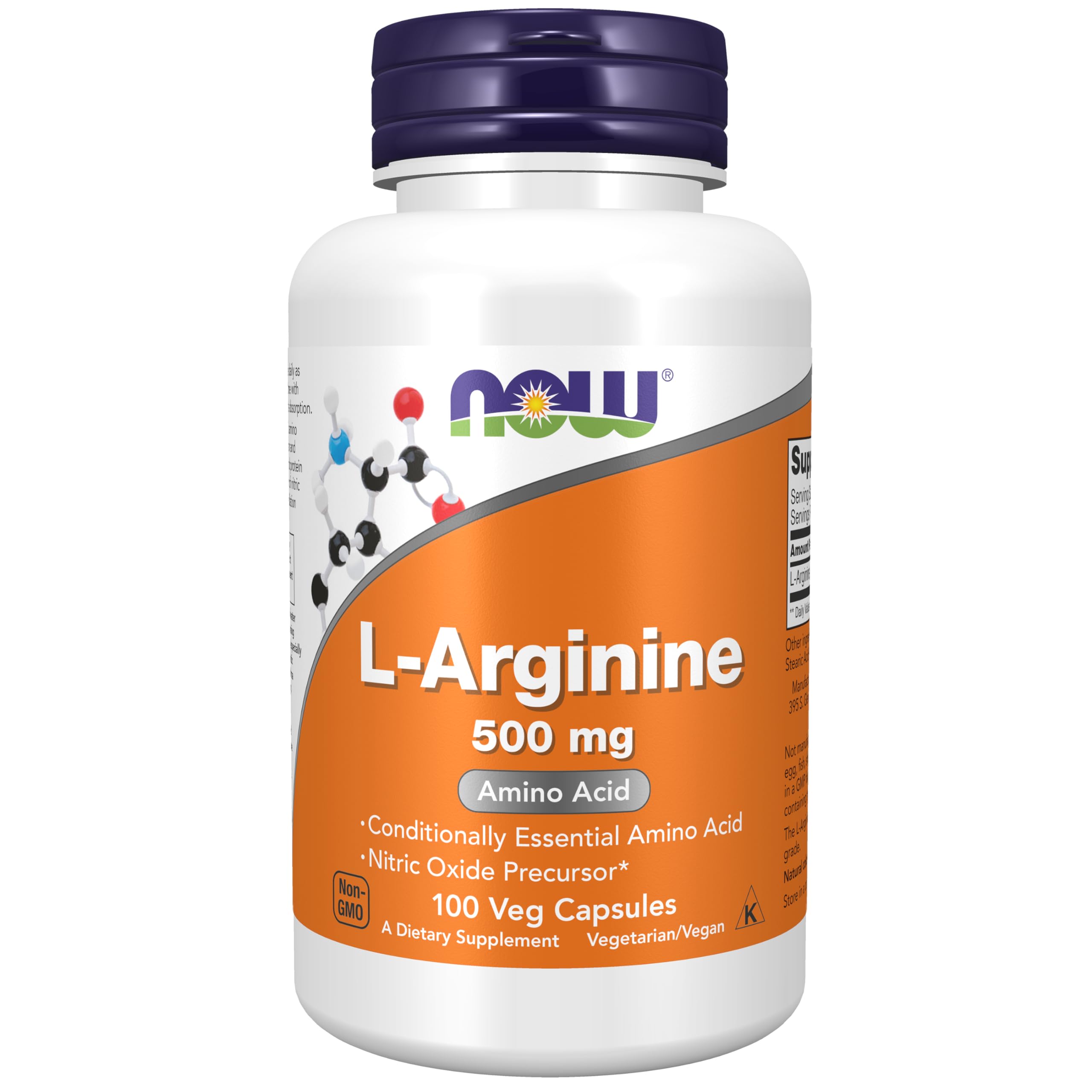 NOW Foods L-Arginina 500 mg cápsulas en frasco, apoyo a la dilatación vascular
