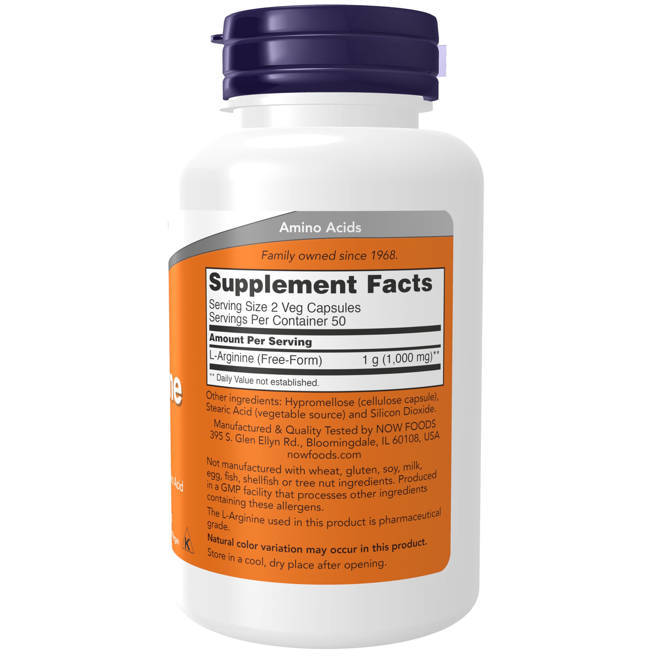 NOW Foods L-Arginina 500 mg etiqueta frontal, indica dosis y uso seguro