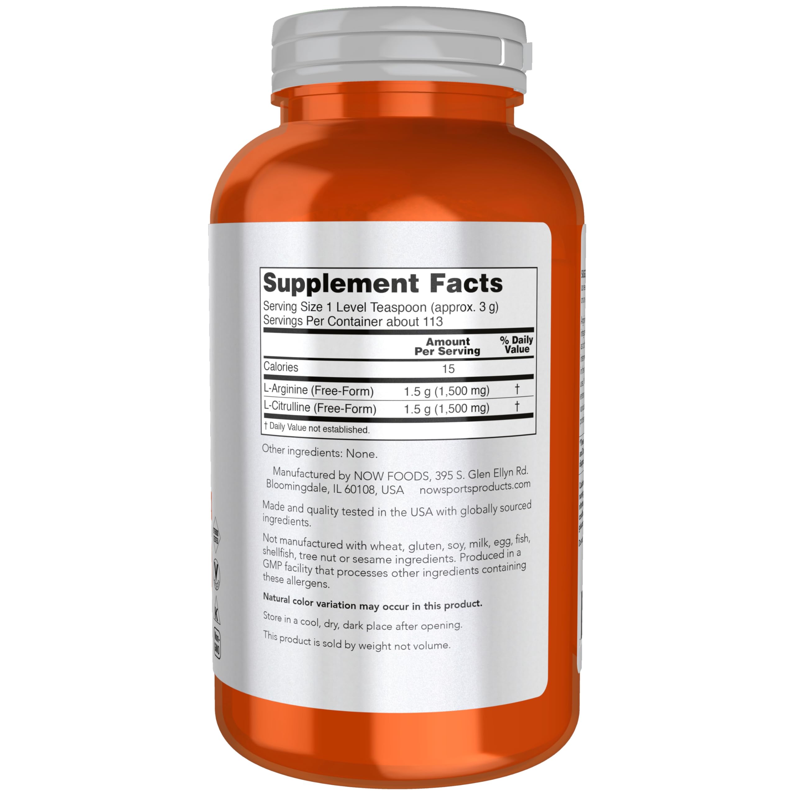 NOW Foods Arginina Citrulina envase 12oz: envase práctico para dosis diarias