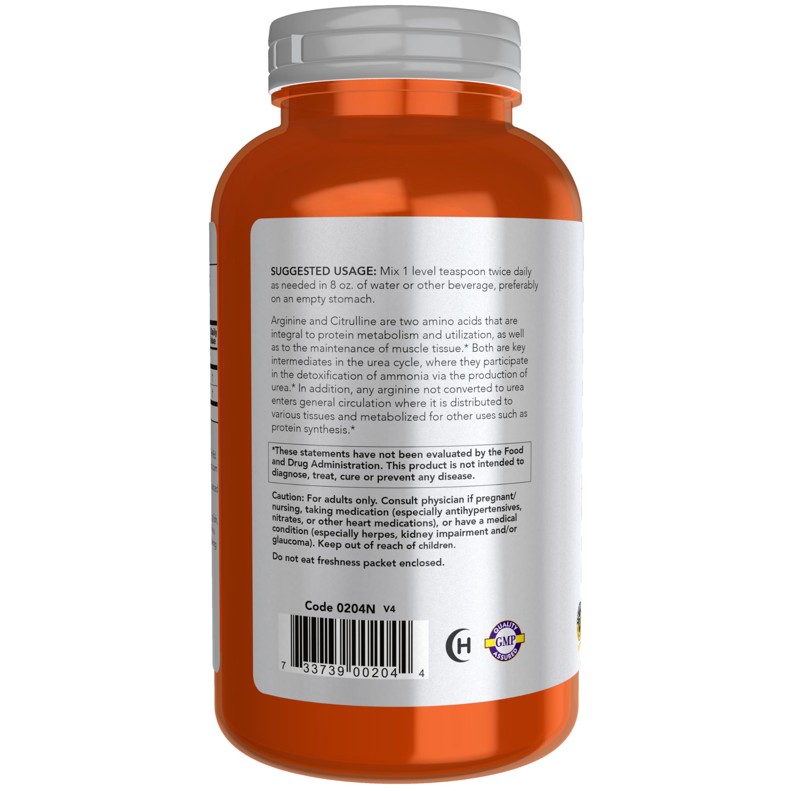 NOW Foods Arginina Citrulina etiqueta frontal: etiqueta clara con información de producto