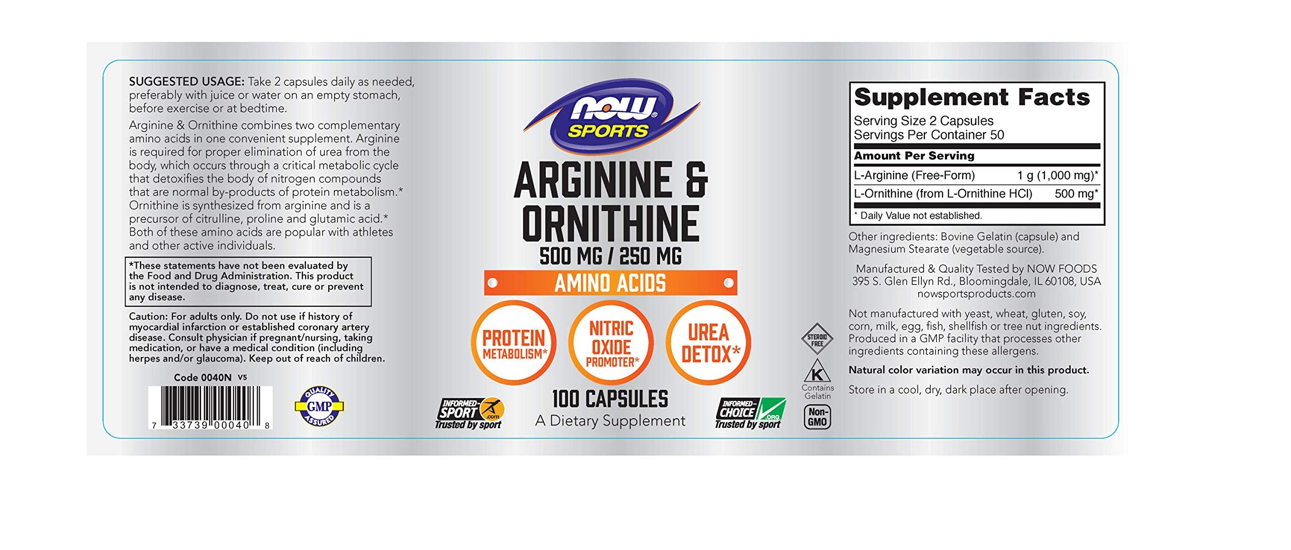 NOW Foods Arginina Ornitina, detalle de etiqueta: promotor de óxido nítrico y detox de urea