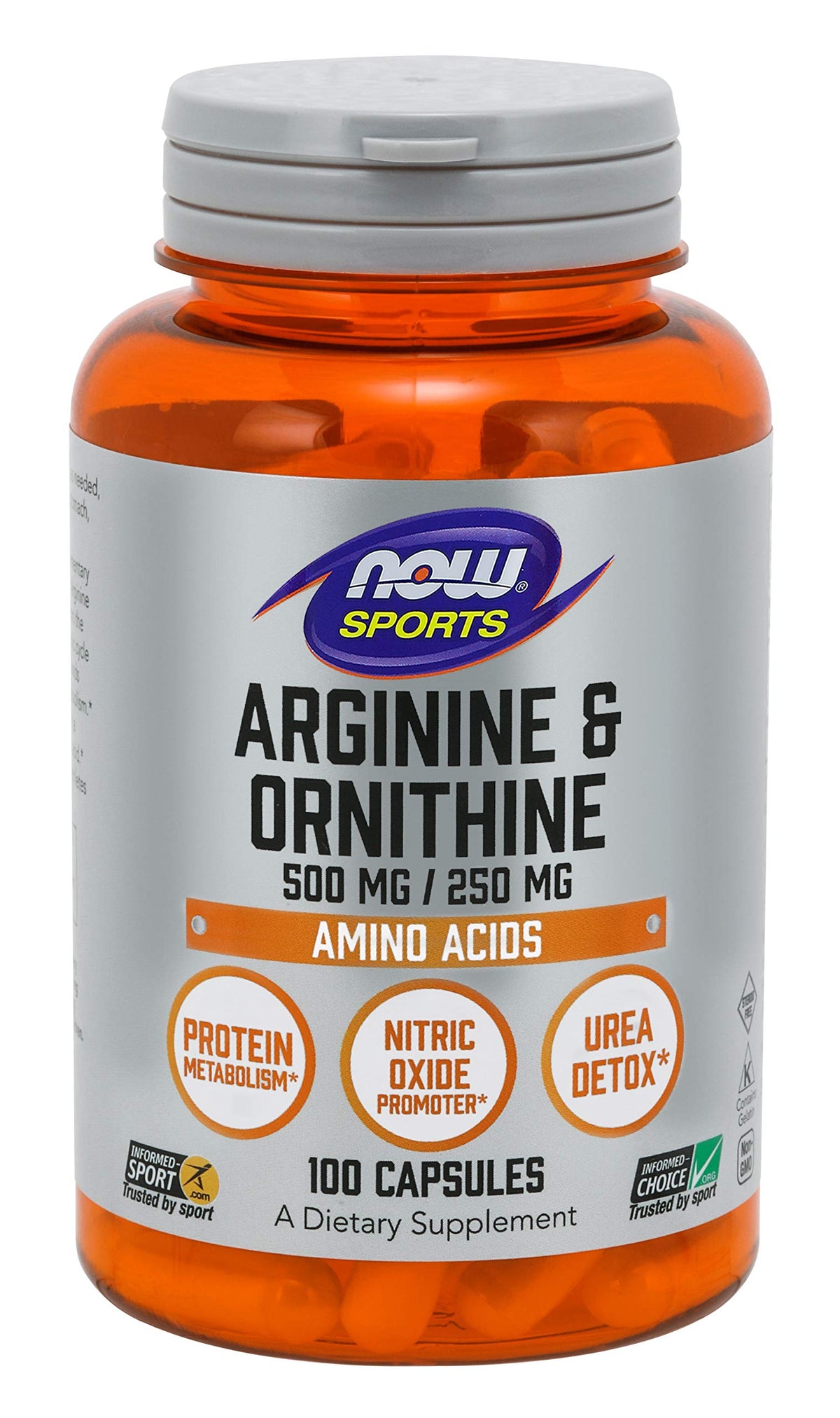 NOW Foods Arginina Ornitina, frente de la botella: apoyo al metabolismo de proteínas